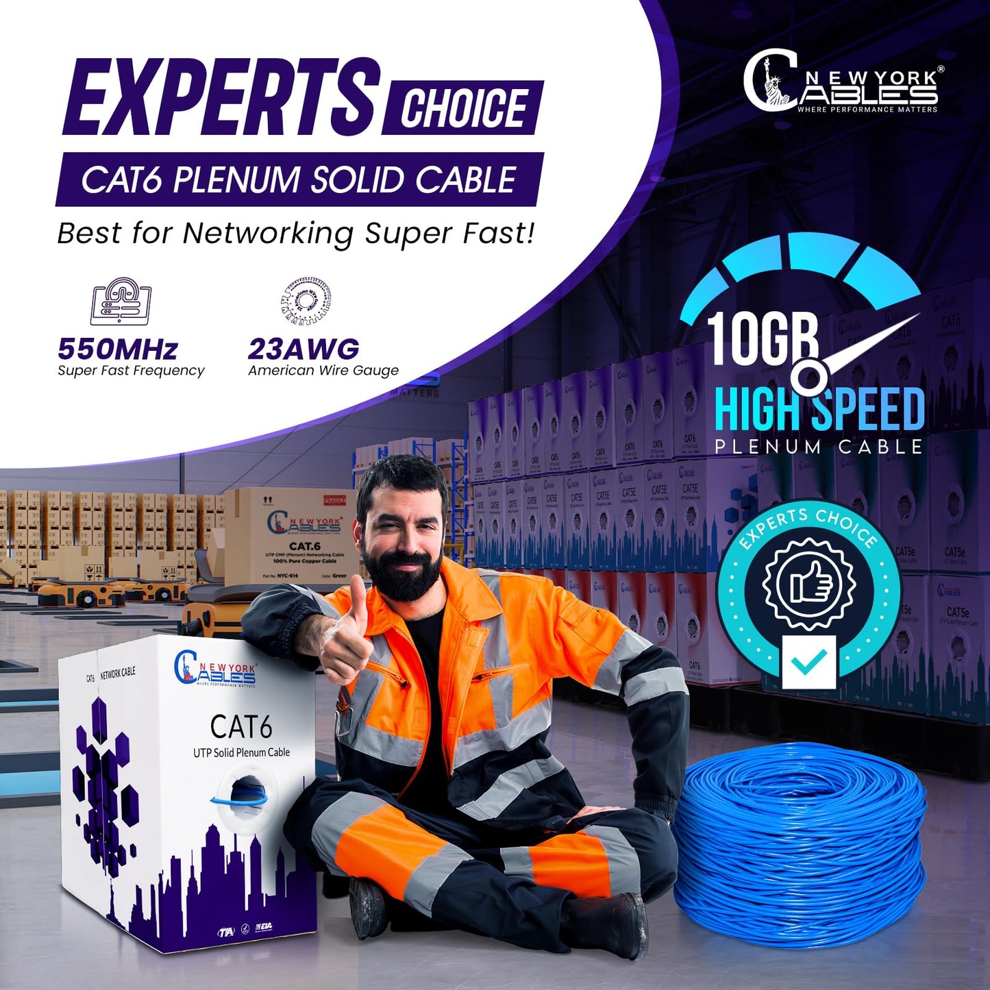 Newyork Cables | CAT6 Plenum Cable 1000ft | 23AWG, UTP 4Pairs, 550MHz 10Gbps Most Certified (CMP) Rated | Fire-Retardant Jacket | Bulk Cat 6 Ethernet Cable for Networking (Solid Conductor, Blue)
