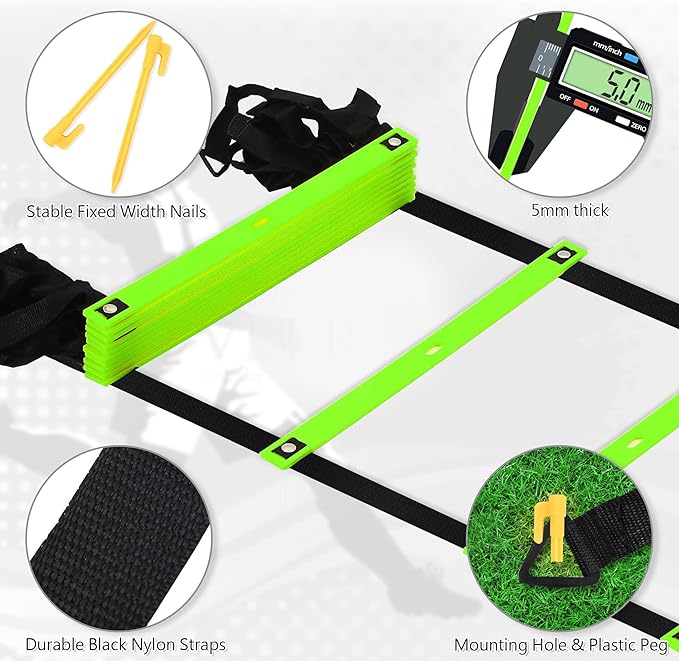 Fixed Rung Agility Ladder - 20ft 12 Rungs No Tangle Speed and Agility Training Equipment for Soccer Footwork Training with Carrying Bag/Ground Stakes for Adults Youth Kids