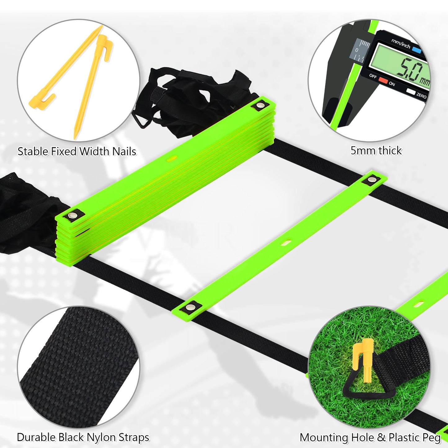 Camkinger Fixed Rung Agility Ladder, 20ft, 12 Rungs No Tangle Speed and Agility-Training Equipment for Soccer Footwork Coaching Ladders with Carrying Bag, Ground Stakes for Adults, Youth Kids, Green