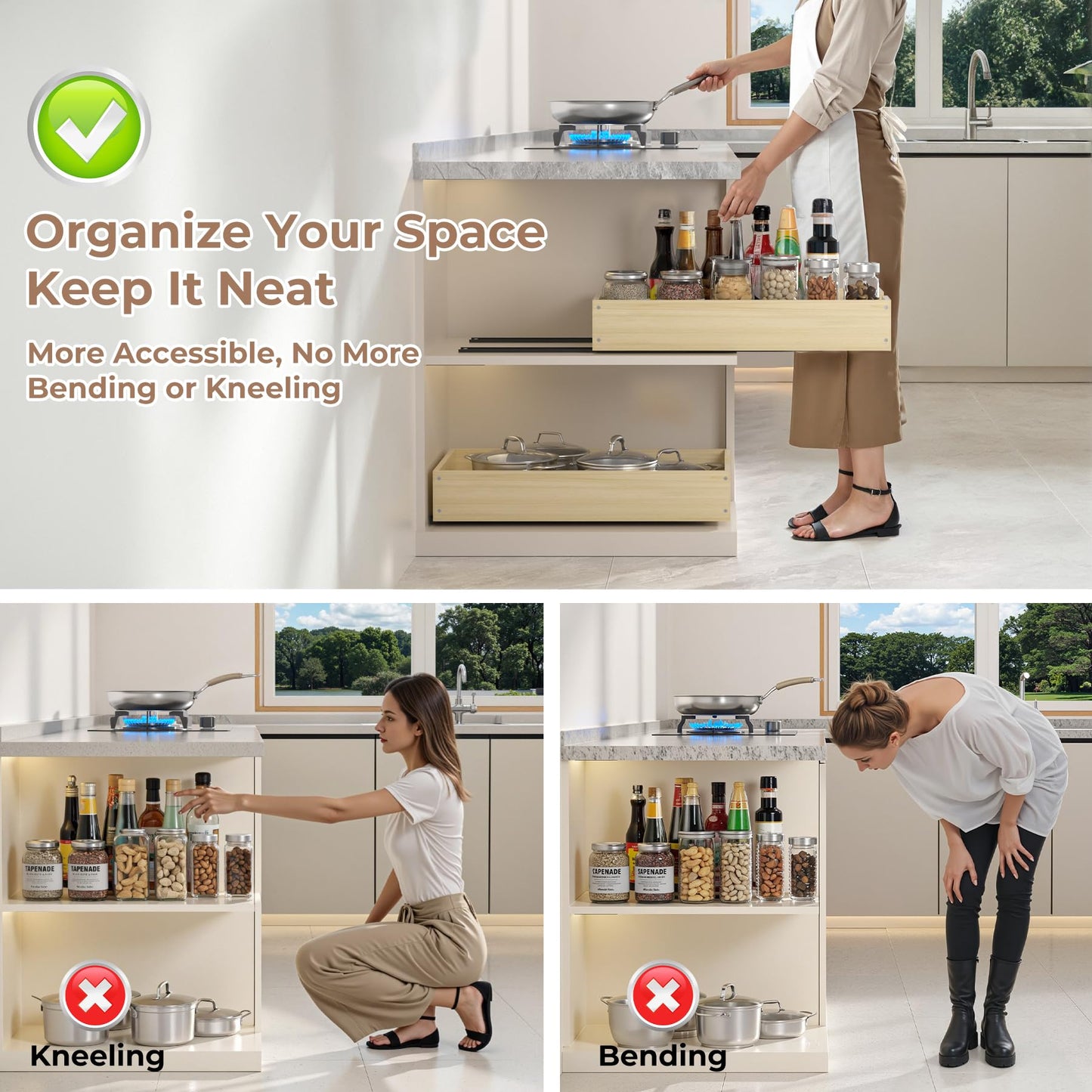 COOLBEBE Pull Out Cabinet Organizer, Soft Close Pull Out Drawers for Cabinets, 19" W x 21" D Solid Wood Slide Out Cabinet Drawers in Kitchen, Pantry, Bathroom, Bottom Assembly