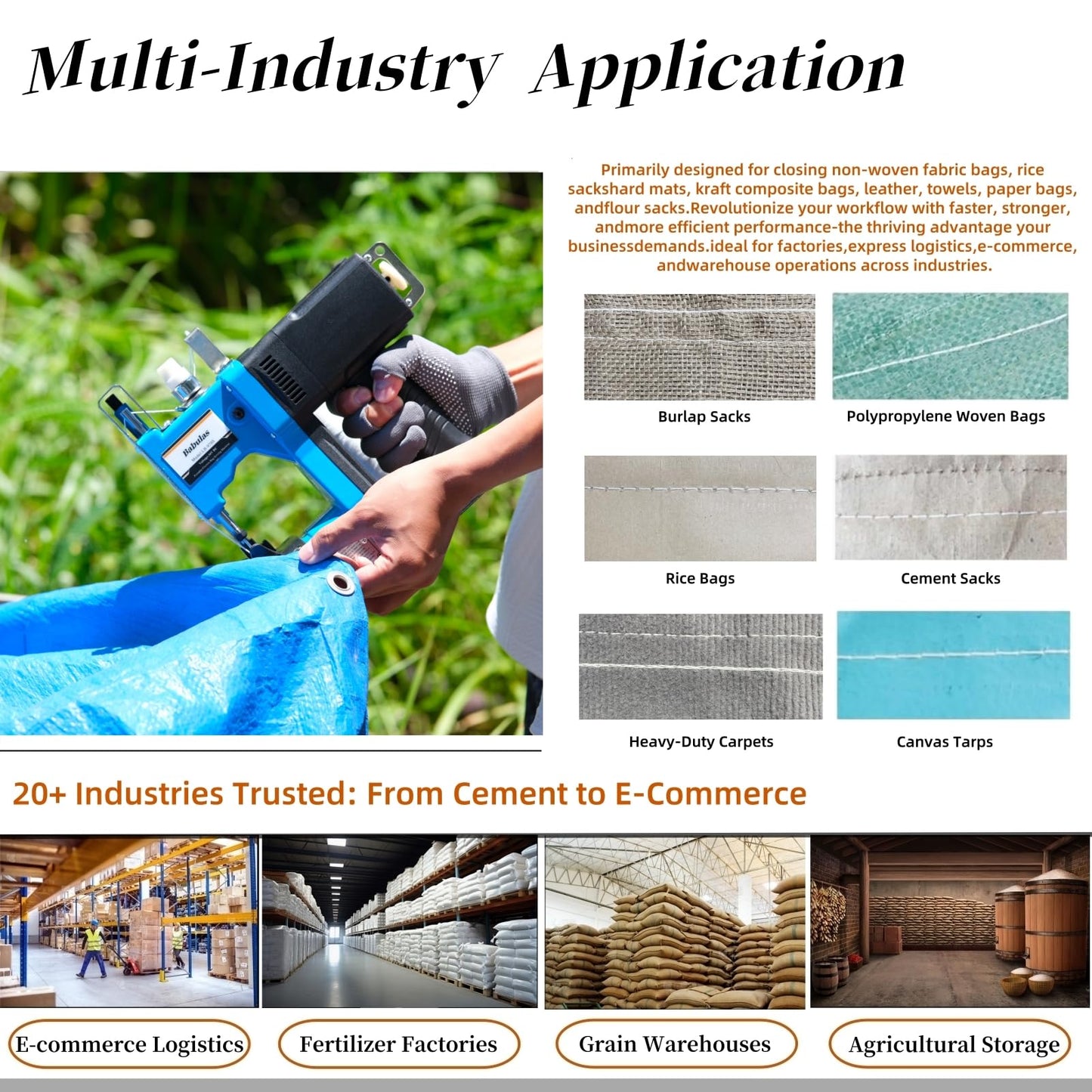 Cordless Bag Sewing Machine |PortableIndustrial Bag Closer |2-Second Fast Sealingfor Woven PP/Canvas/Jute Bags |Factory &Farm Bag Stitcher (Blue, Lithium Battery-36VDC)