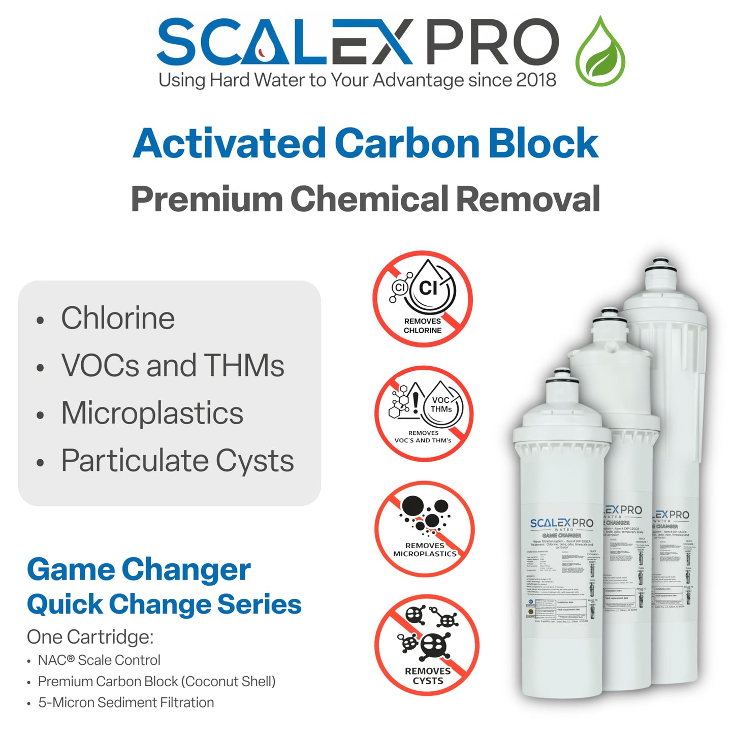 ScaleX Pro Game Changer 12” Hard Water Scale Prevention Filter – Salt-Free NAC Technology Prevents Scale Up to 26 Grains, Removes Chlorine & Other Common Municipal Water Chemicals, 6,000 Gallons