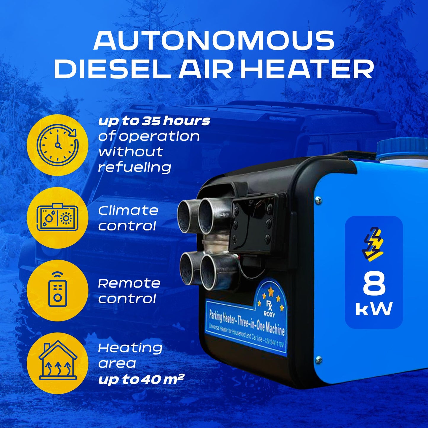 8000W All-in-One Diesel Air Heater 110V/12V/24V Portable Quiet Parking Heater with 5L Tank | Compact Forced-Air Heating for Car RV Truck Camper Tent Garage | LCD Control | Blue