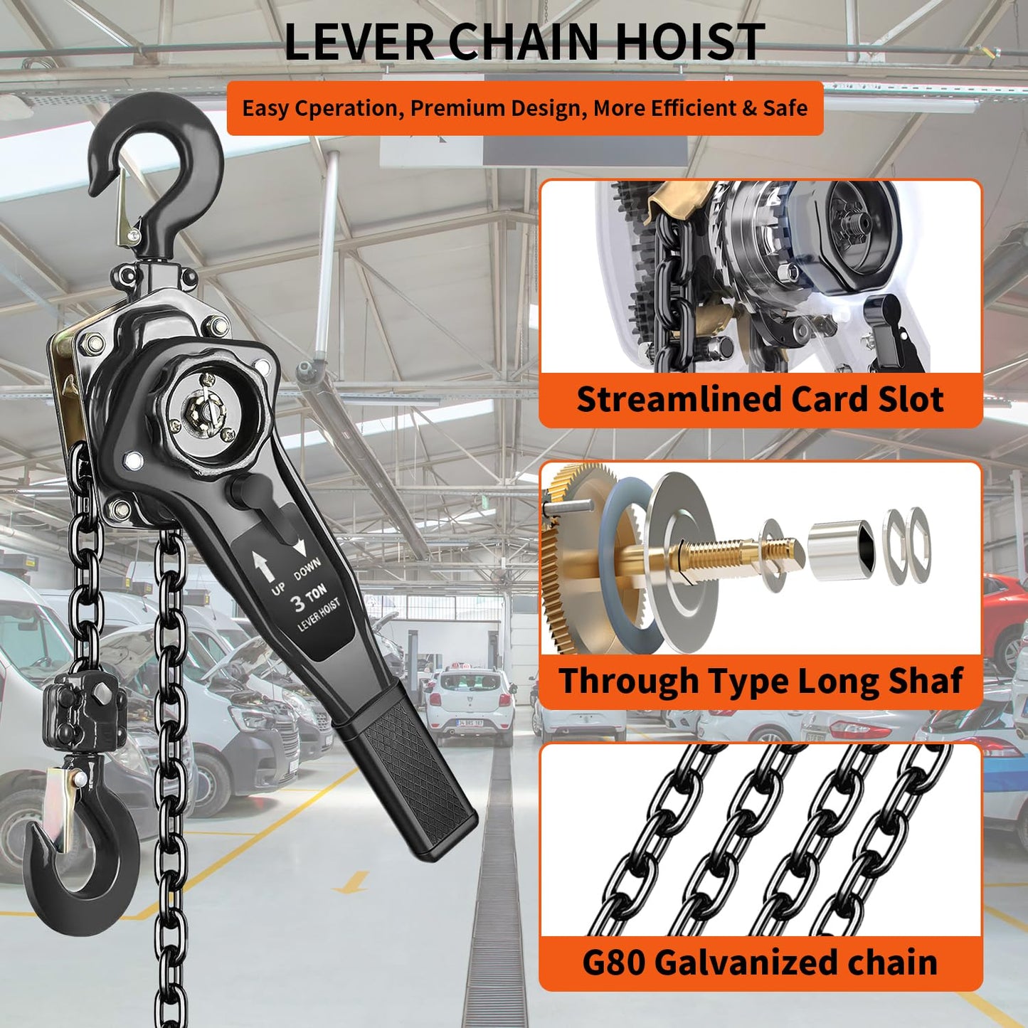 Manual Chain Hoist, 3 Ton (6600 lbs) Capacity, 10 FT Lift, Galvanized Steel Construction, Double Pawl Brake & 360° Swivel Hook for Garage, Workshop, Factory, Dock (Black, 3T-3m)