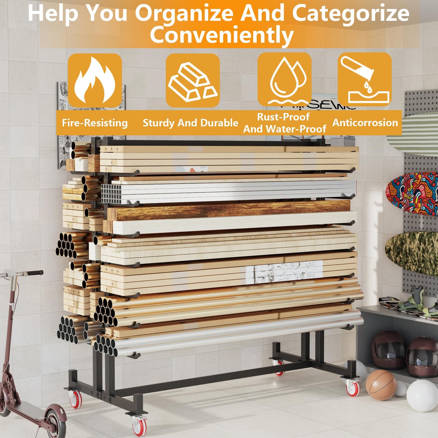 UODENGA Lumber Storage Rack, Heavy-Duty 2000LBS Rolling Lumber Rack on Wheels, 7-Tier Wood Storage Rack with X-Braced Steel Frame, Pipe Rack Organizer Shelving Unit for Garage Workshop
