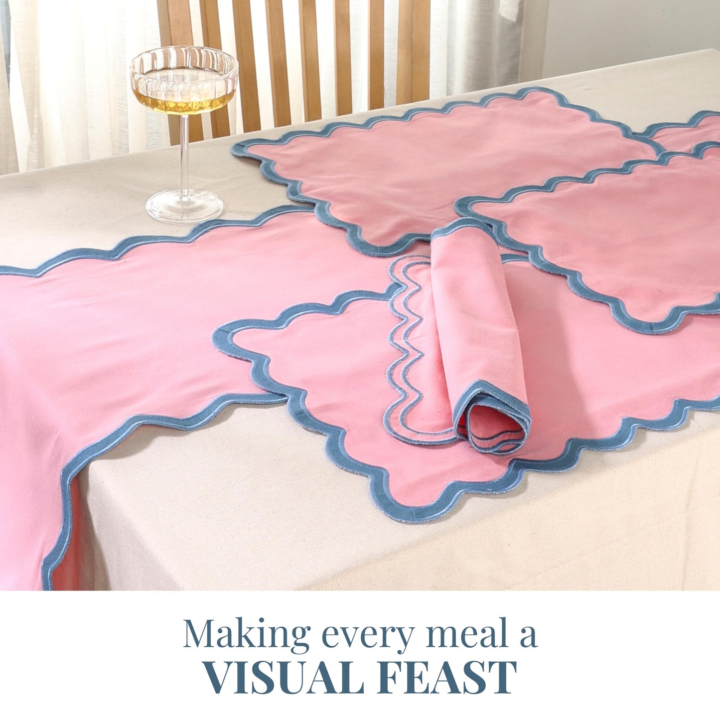 Folkulture Placemats Set of 4 (13 x 19) | 100% Cotton, Cute, Heat Resistant,Machine Washable Scalloped Place Mats | Pink Rectangular Cloth Table Placemats or Dining Table Mats for Dinner Party