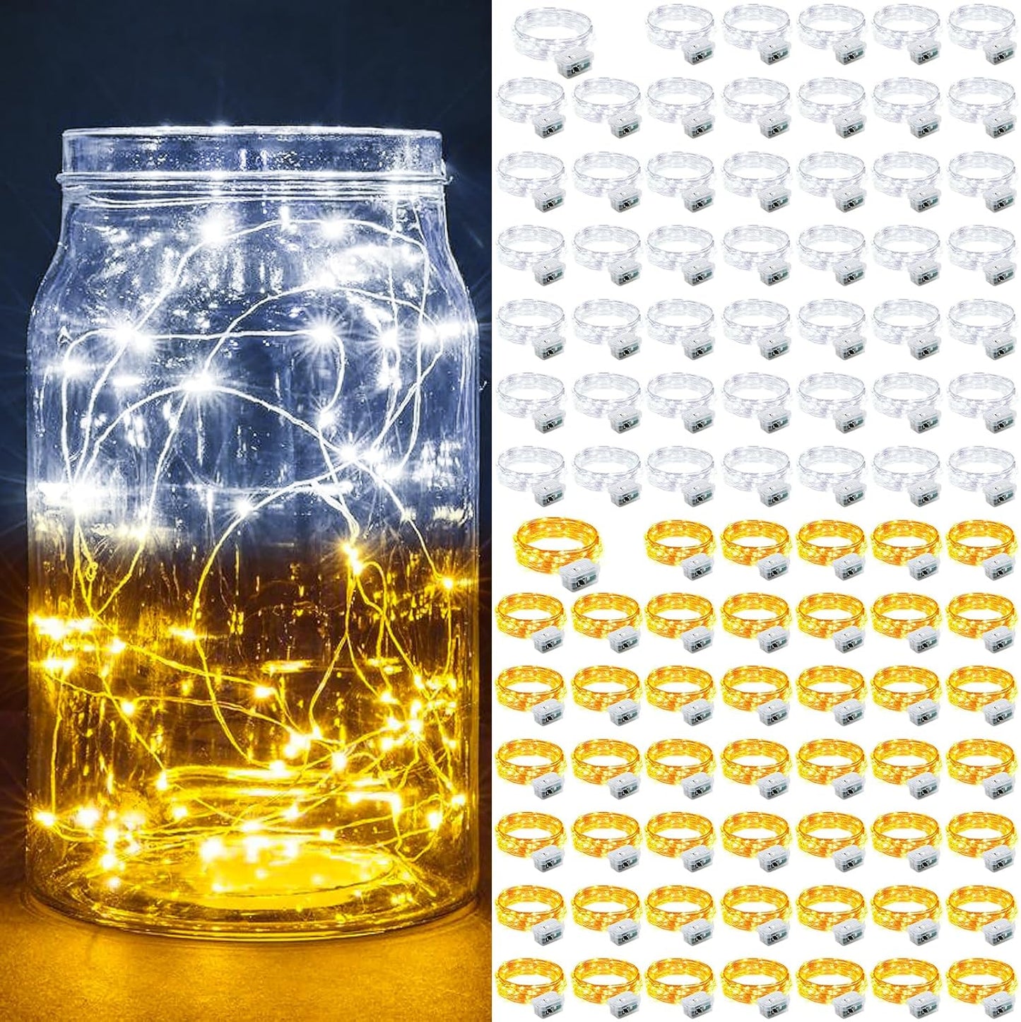 Skiennix 100 Pack Fairy Lights - 7Ft 20 LED Twinkle String Lights | Waterproof & Battery Operated for Weddings, Parties, & Decor - Warm White & White