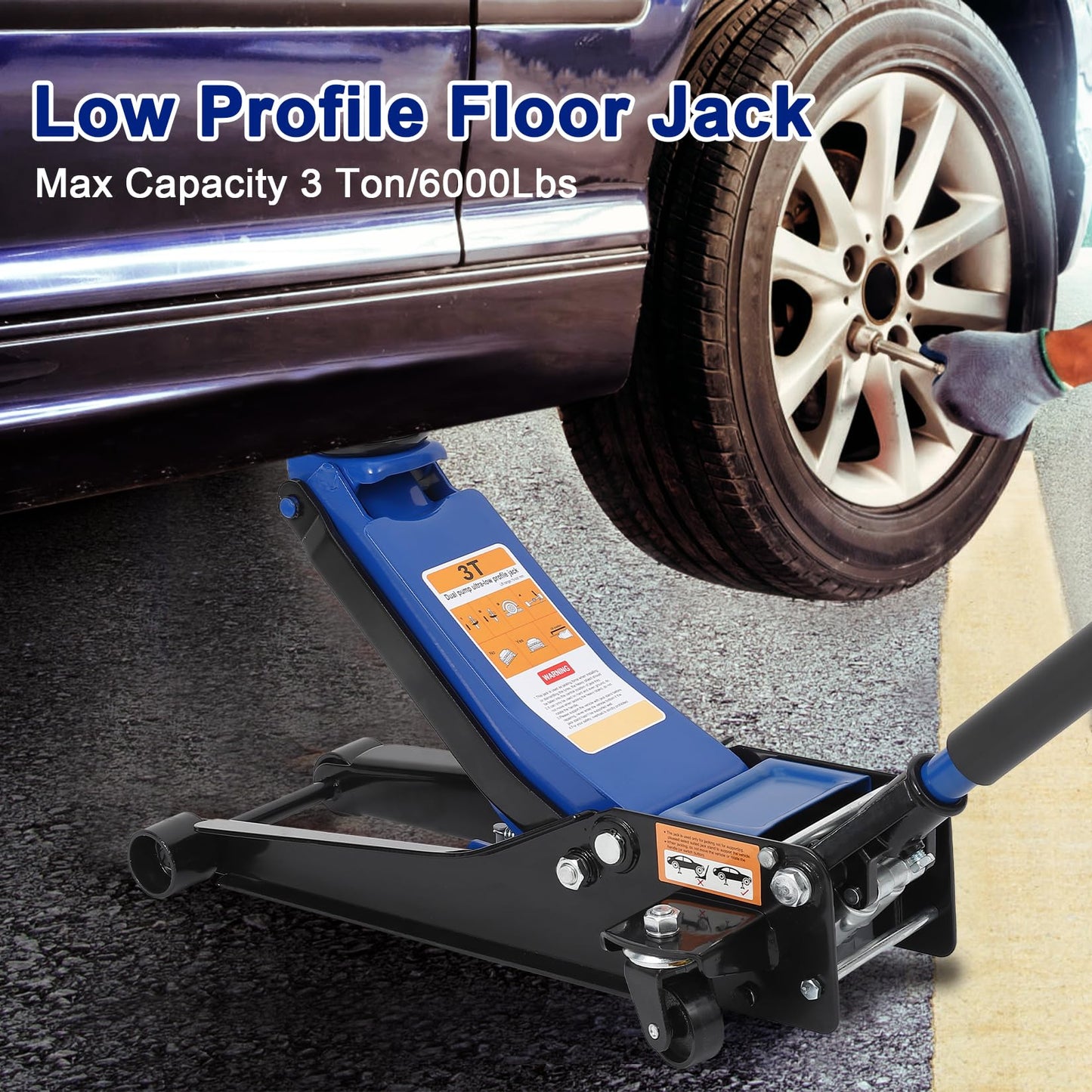 3 Ton Low Profile Hydraulic Jack for Car, 3"-19.5" Lift Range Floor Jack, Heavy Duty 6000 LBS Capacity with Safety Lock & Dual Pump for Car, SUV & Truck Maintenance
