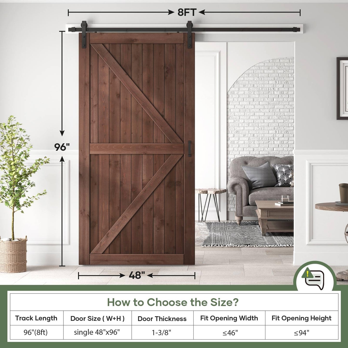 ROYMELO 48x96 inch Sliding Barn Wood Door Slab with 8ft Hardware Kit and Handle, Coffee, K Shape, Simple DIY Assembly
