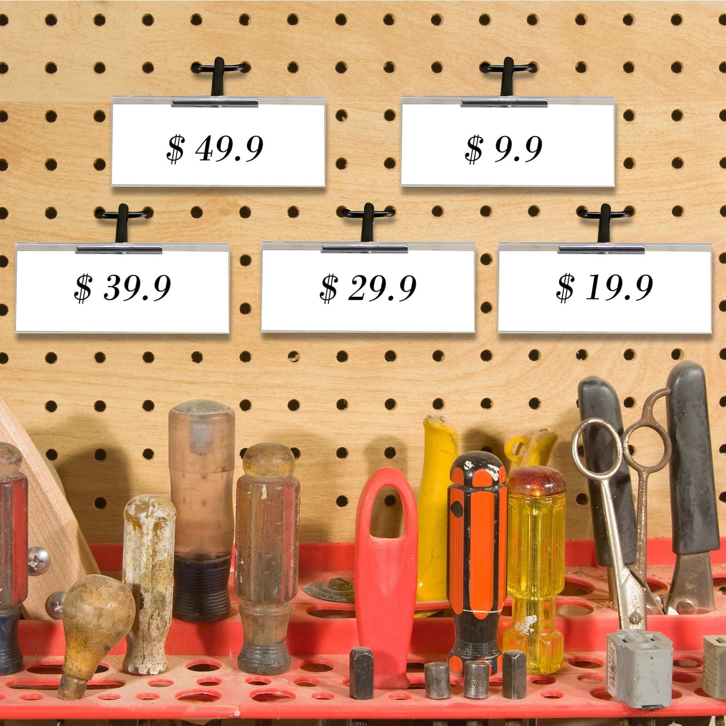 Tandefio 50 Pack 4 Inch Black Metal Peg Board Hooks with Clear Plastic Label Holder Stainless Steel Display Pegboard Hooks for 1/8'' to 1/4'' Pegboard Wall for Garage Storage Retail Shop Supplies