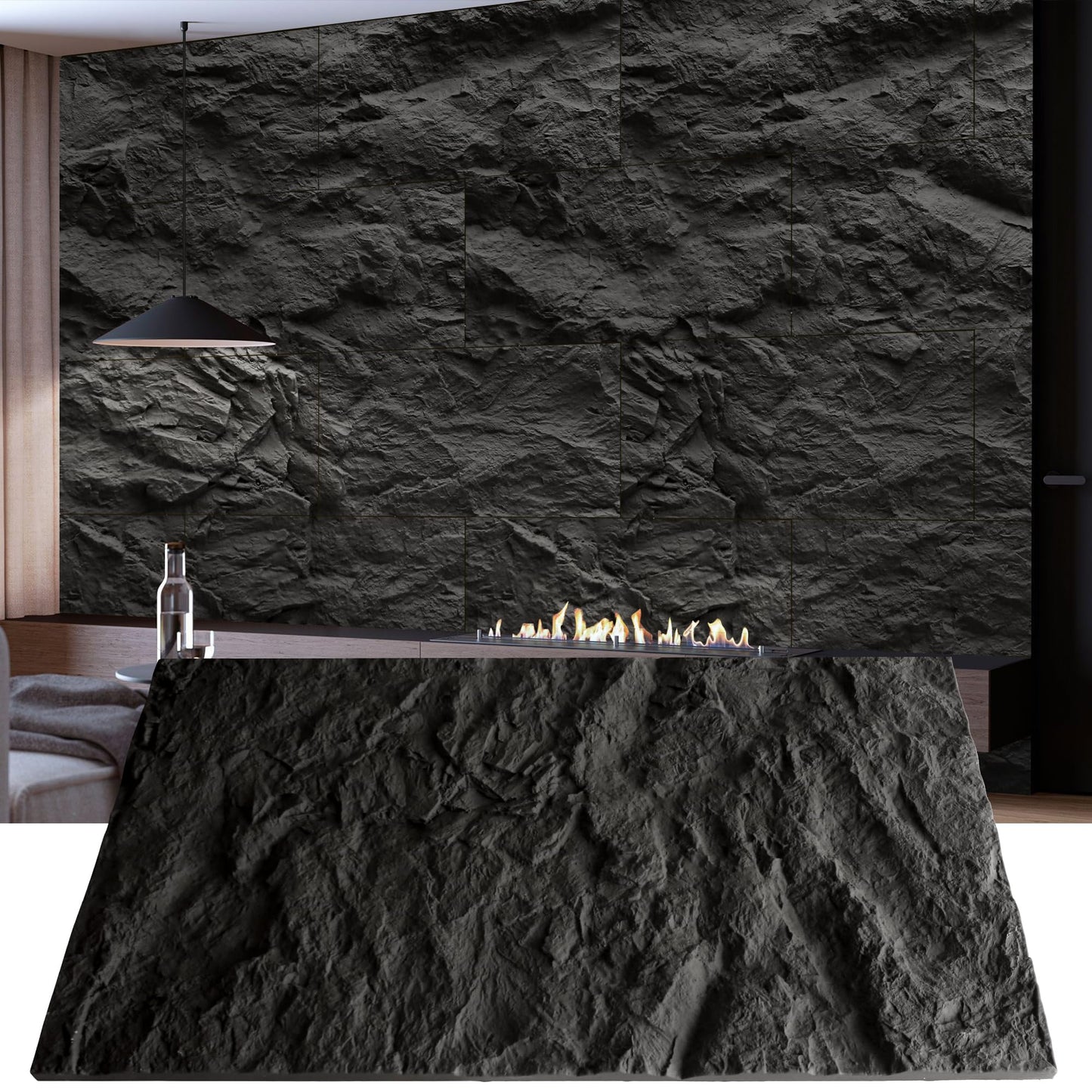 KASARO 3D Faux Stone Wall Panels, 4 PCS PU Wainscoting Panel for Interior Wall Decor, Cement Texture Thicker Accent for Home, Office, 43.3 × 23.6 inch, Black