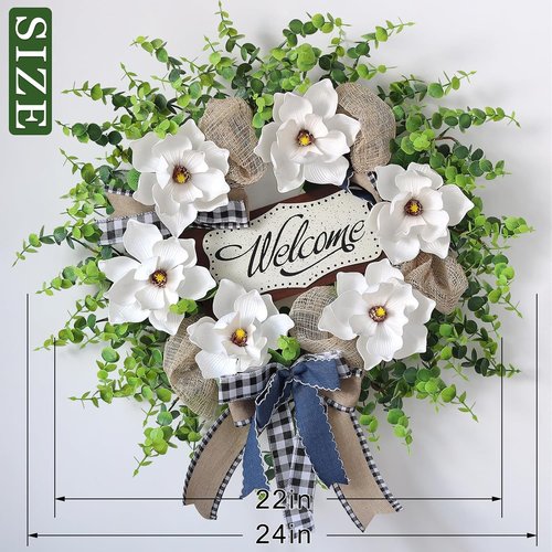 Artificial Magnolia & Eucalyptus Wreath - 24" White Flower Decor with Welcome Sign for Year-Round Home Entryway