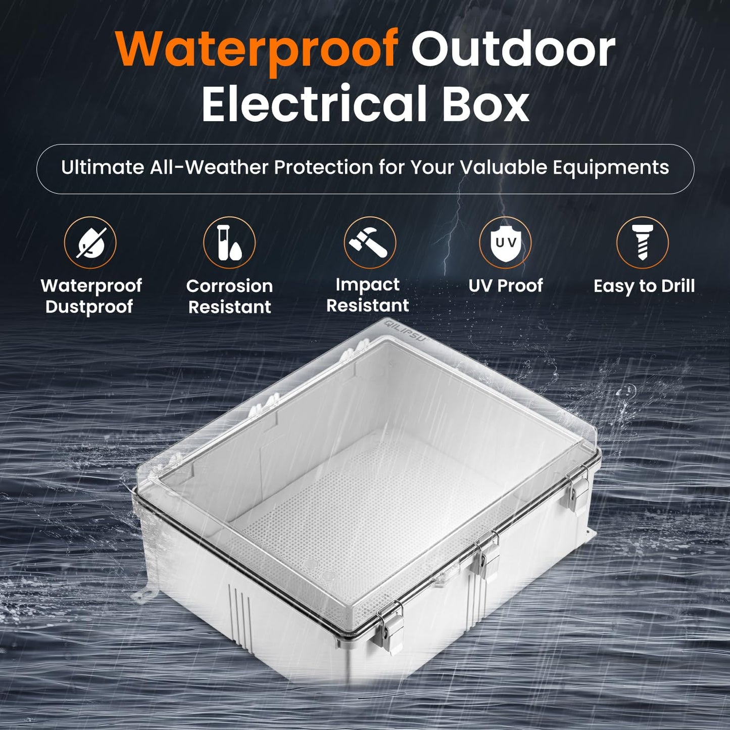 QILIPSU Waterproof Junction Box IP67 Outdoor Plastic Electrical Project Enclosure Weatherproof with Mounting Plate, Wall Brackets, Hinged Clear Cover 20"x16.1"x7.9" CC