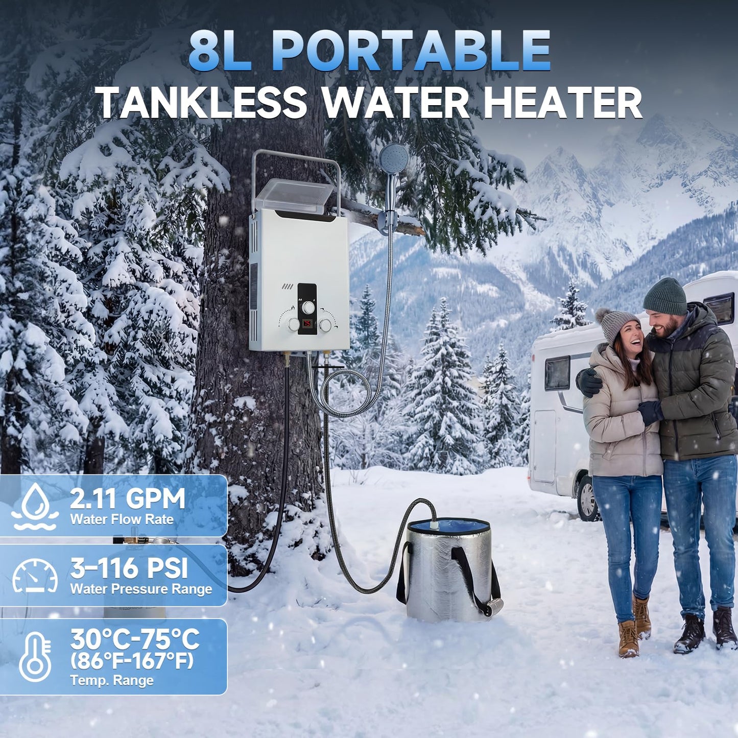 GEARPASS Propane Tankless Water Heater Outdoor, 2.11 GPM 8L, Portable Gas Water Heater with Handle and Digital Display, Instant Hot Water for RV, Cabin, Pet Bathing, Camping