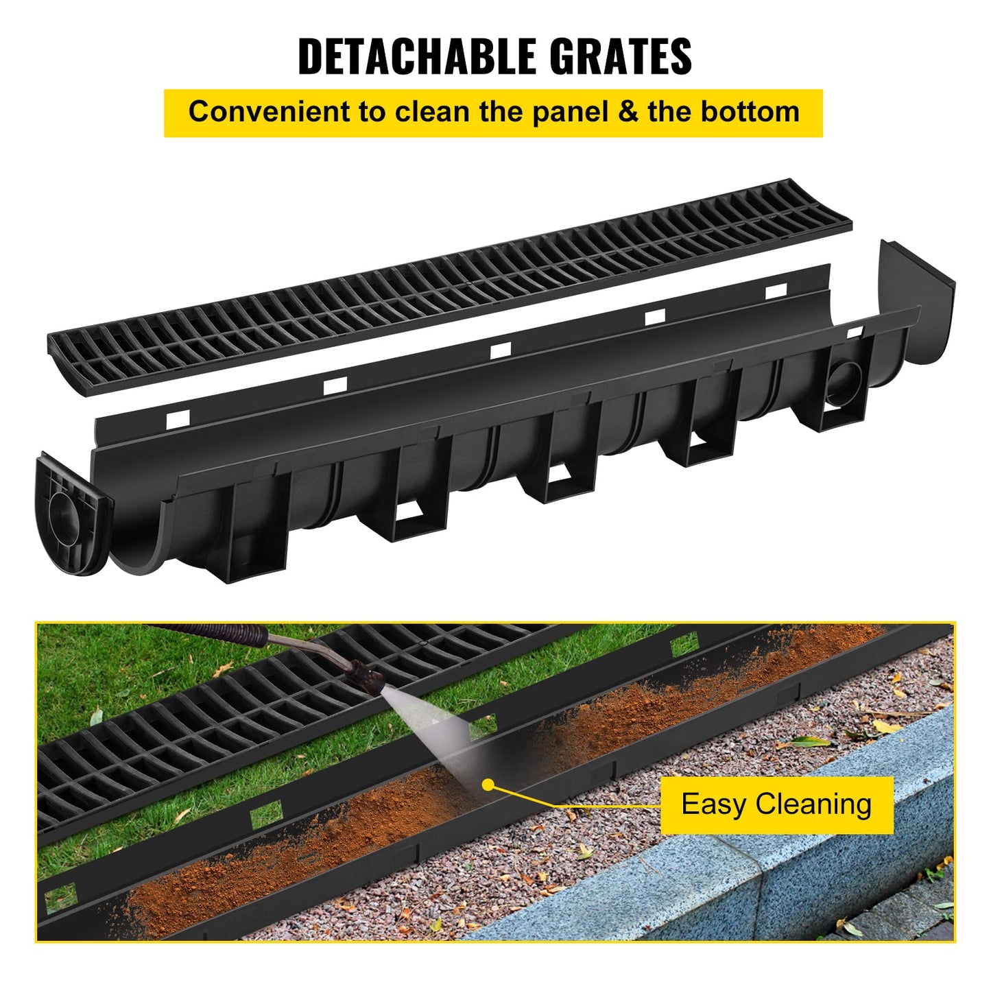 VEVOR Trench Drain System with Plastic Grate, 5.9x5.1-Inch HDPE Channel Drainage for Garden, Driveway - 6 Pack