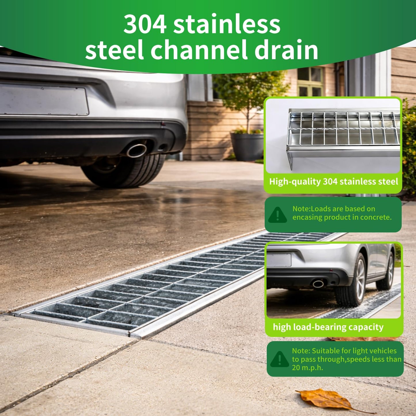 304 Stainless Steel Channel Drain with Galvanized Steel Drain Grate, Heavy-Duty B125 39.4×5.9×5.5in Trench Drain System for 3”Pipe, Channel Drain Kit for Driveway, Outdoor, Yard,Garage, Parking Lot
