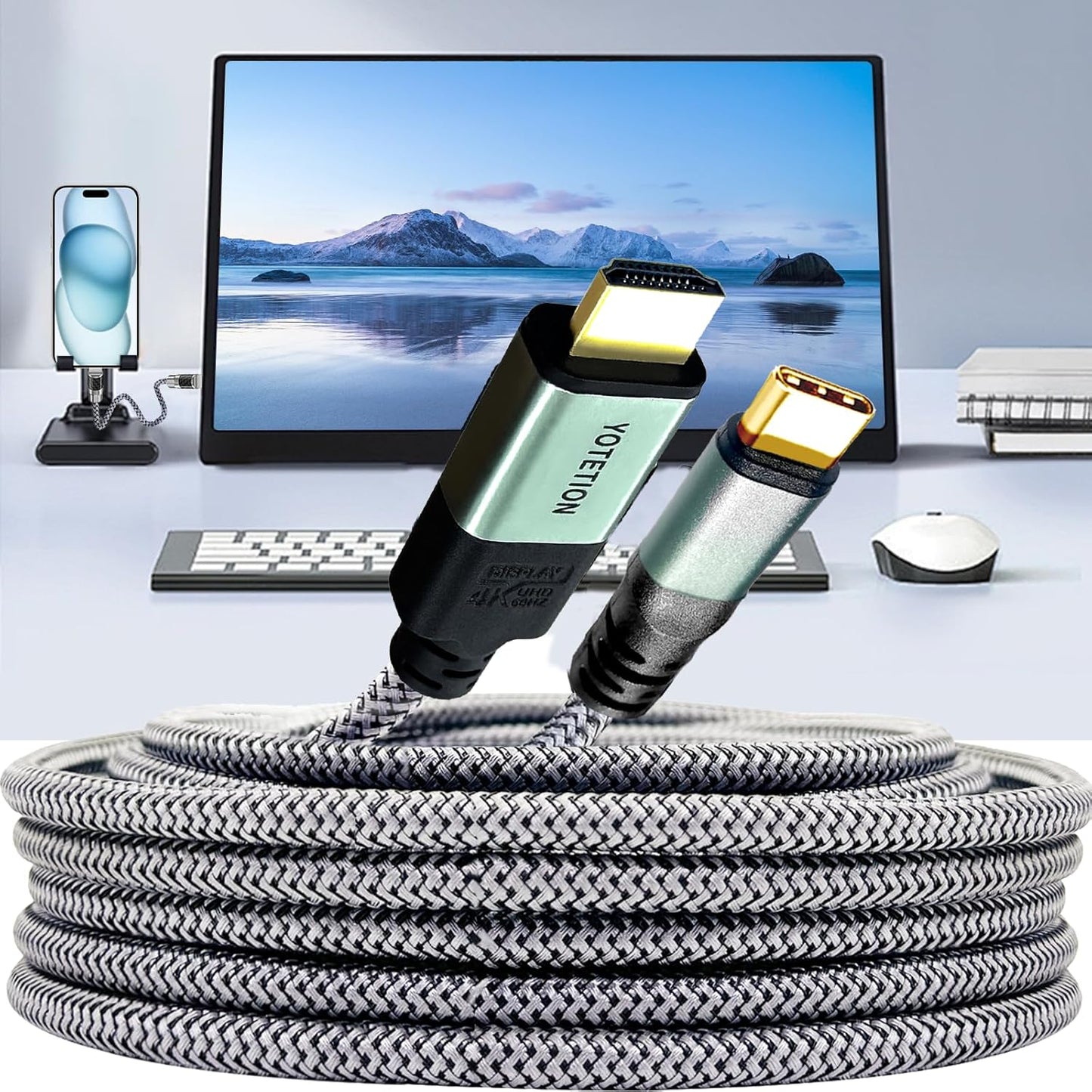 YOTETION 20FT 4K@60Hz, 15 S8-S23, 2, 3/4] USB-C to HDMI-A Braided Cable, Suitable for Home Office [Compatible