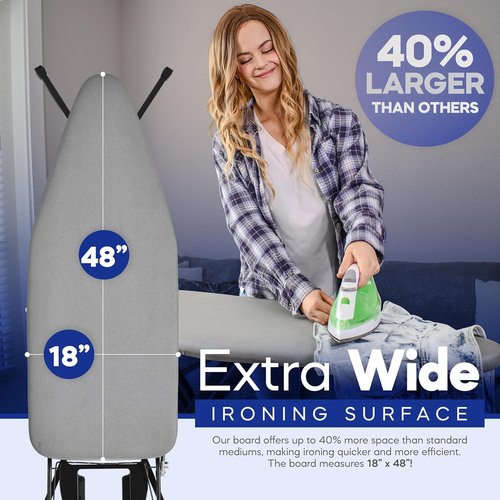BKTD Extra-Wide Ironing Board - 48" x 18" Large Surface with Built-In Clothes Rack & Adjustable Height - Black Grey