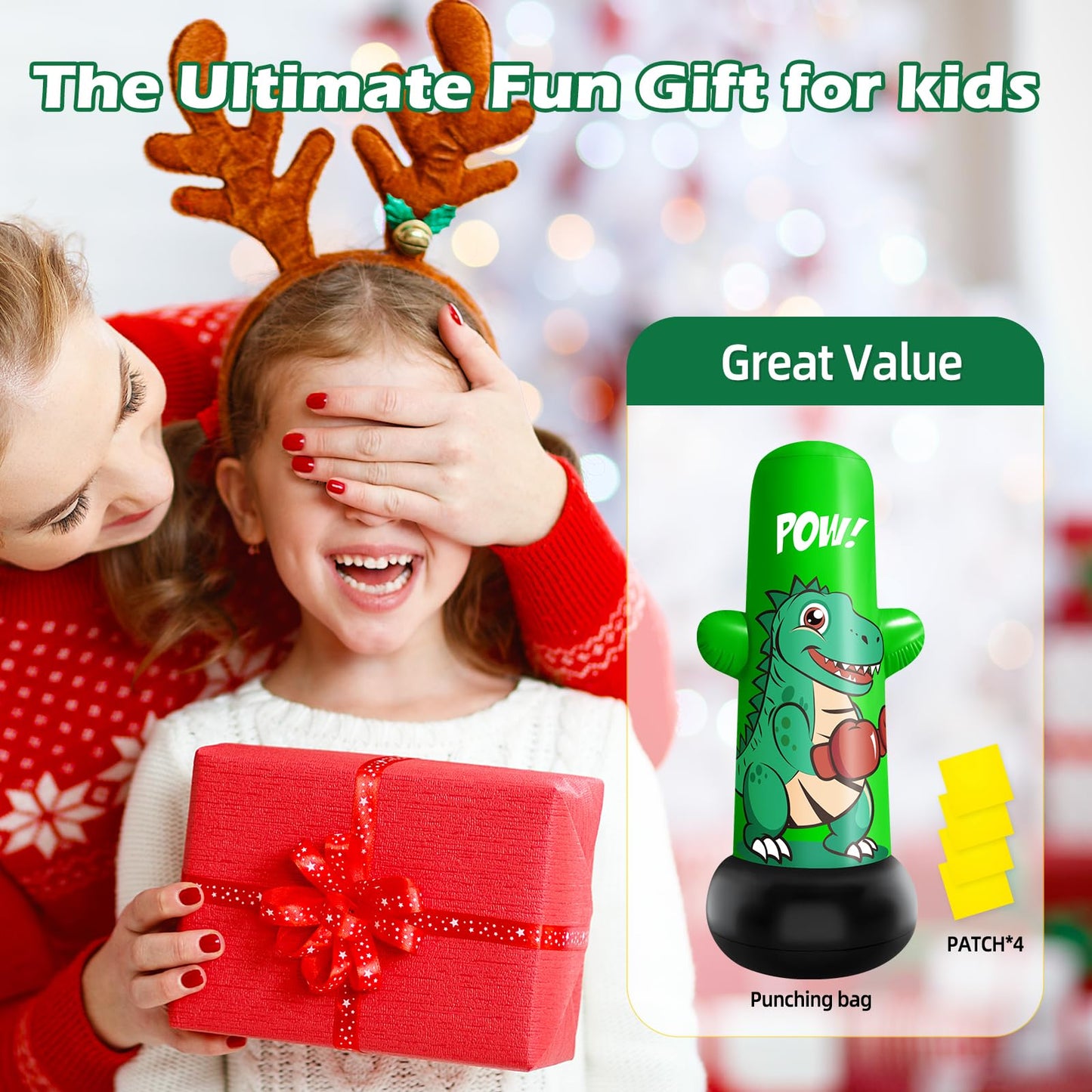Inflatable Dino Punching Bag for Kids, 47” Tall Bop Bag Punching Toy, Inflatable Dinosaur Toy with Bounce- Back Action for Ages 3-8, Great for Boys and Girls