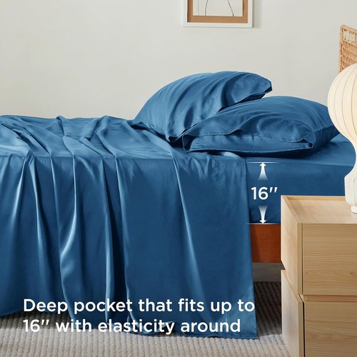 Bedsure Queen Sheet Set - Cooling Bamboo Rayon Sheets | Deep Pocket Up to 16" | Soft & Breathable Teal Bedding