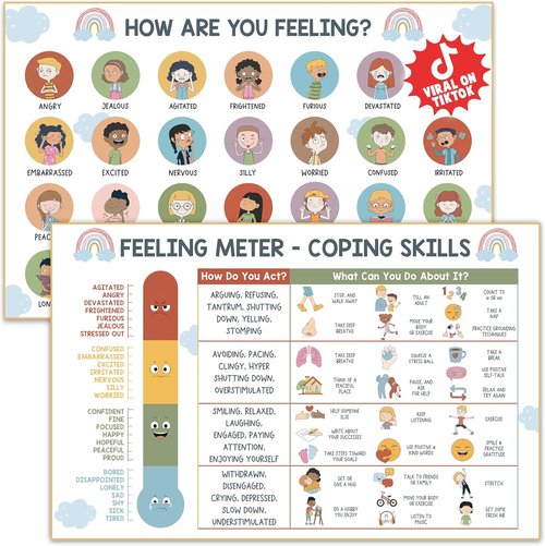 Feelings Chart for Kids | Coping Skills Emotions Poster - Calm Down Corner Decor for Mental Health
