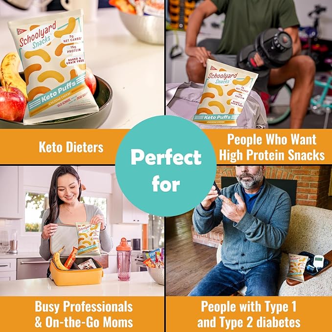 Schoolyard Keto Snacks - Cheddar Cheese - 15g Protein Puffs, Low Carb, Low Sugar - Gluten Free, Healthy & Diabetic Friendly, High Protein, Low Calorie snacks for Kids & Adults, USA Made, 12 Pack