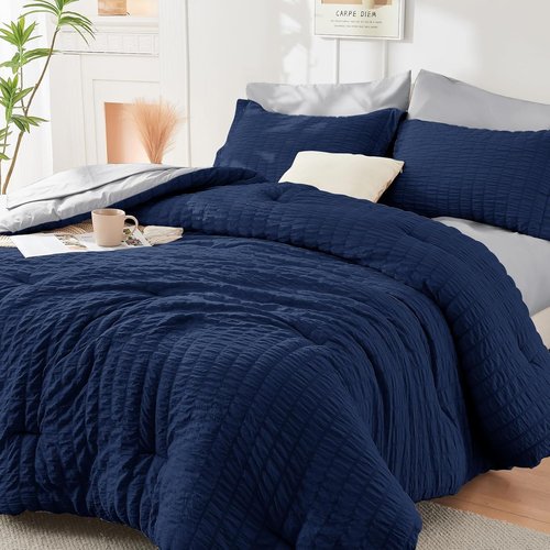 HYMOKEGE Twin Comforter Set - Navy Blue & Light Grey Seersucker | 5-Piece All-Season Luxury Bedding Set