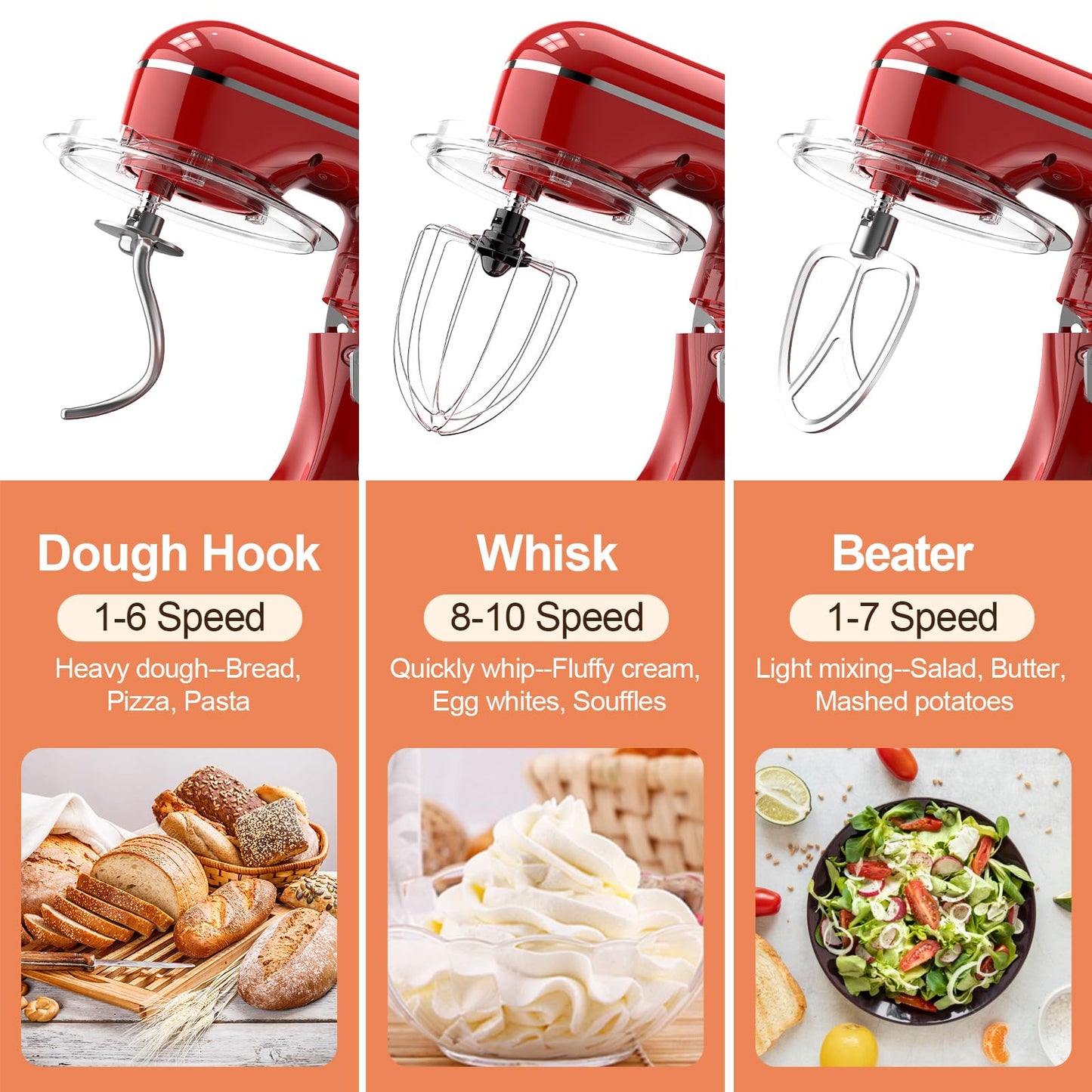 CEBORY 3-IN-1 Electric Stand Mixer, 6.5QT Bowl 660W 10-Speed Kitchen Mixer, Household Food Mixers include Dough Hook, Beater and Whisk, Bread Cake Mixer for Baking and Most Home Cooks, Red