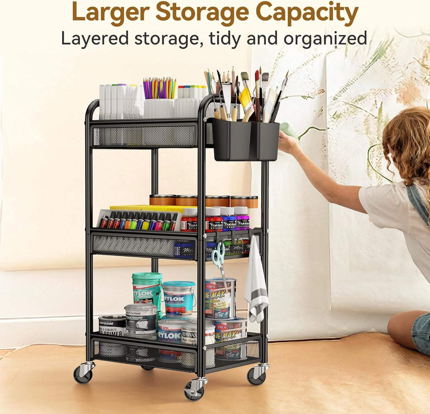 YASONIC 3-Tier Rolling Cart - Metal Utility Storage with Wheels & Hooks | Black Craft Organizer