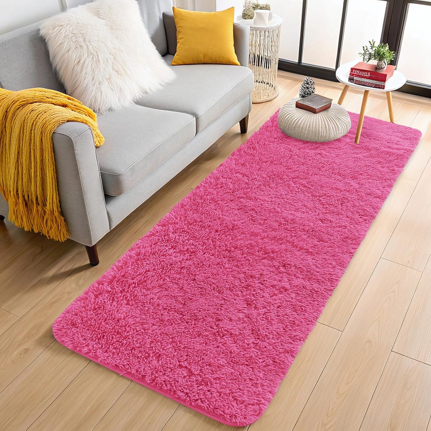 OLANLY Soft Fluffy Shaggy Runner Rug - Machine Washable 2x6 for Hallway, Bedroom & Nursery | Hot Pink Decor