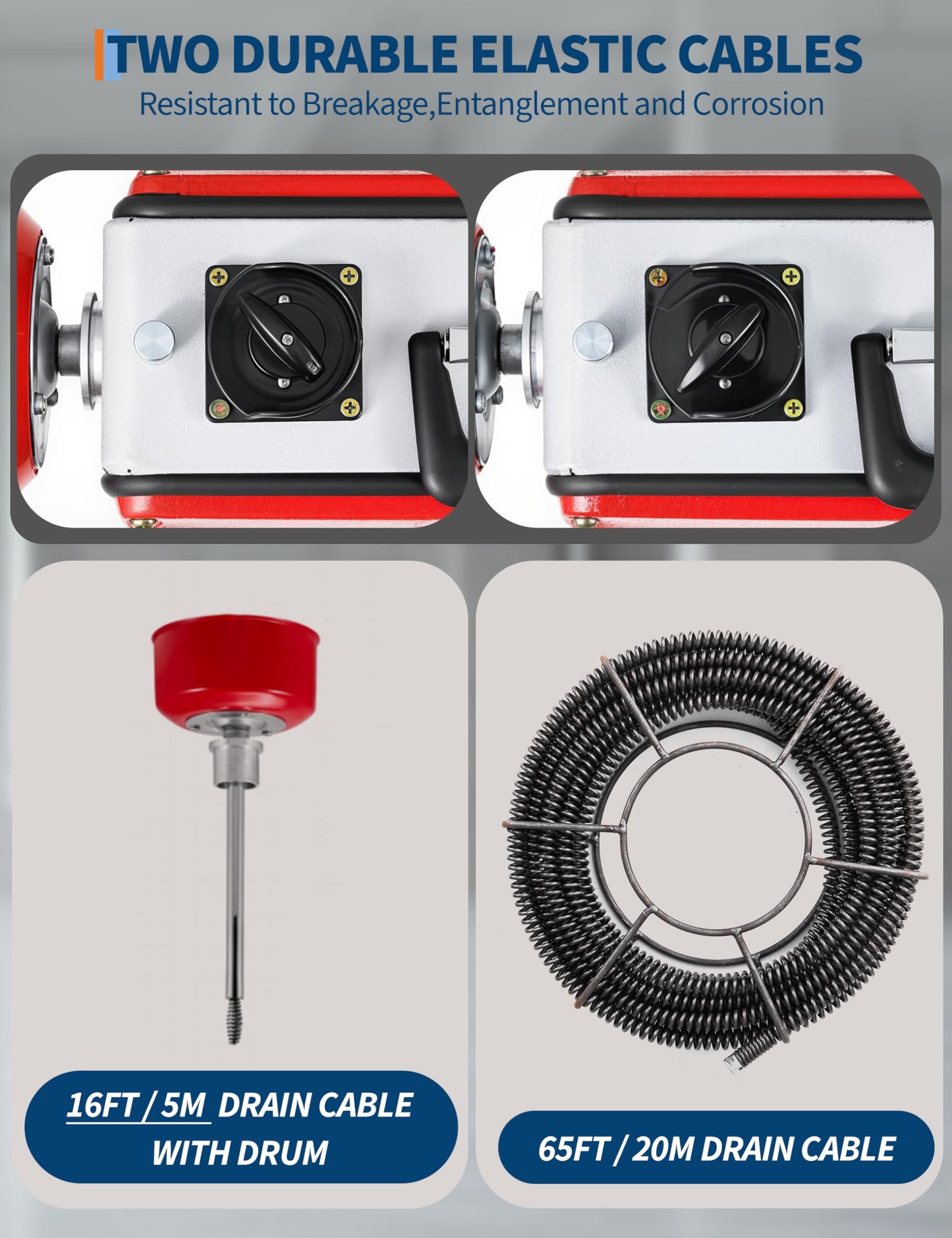 GarveeTech Portable Electric Drain Cleaner Machine, 66Ft x 5/8" & 16Ft x 3/8" Dual Cable Sewer Snake Auger with 6 Cutters for 1-4 Inch Pipes Clog Removal for Household & Professional Use