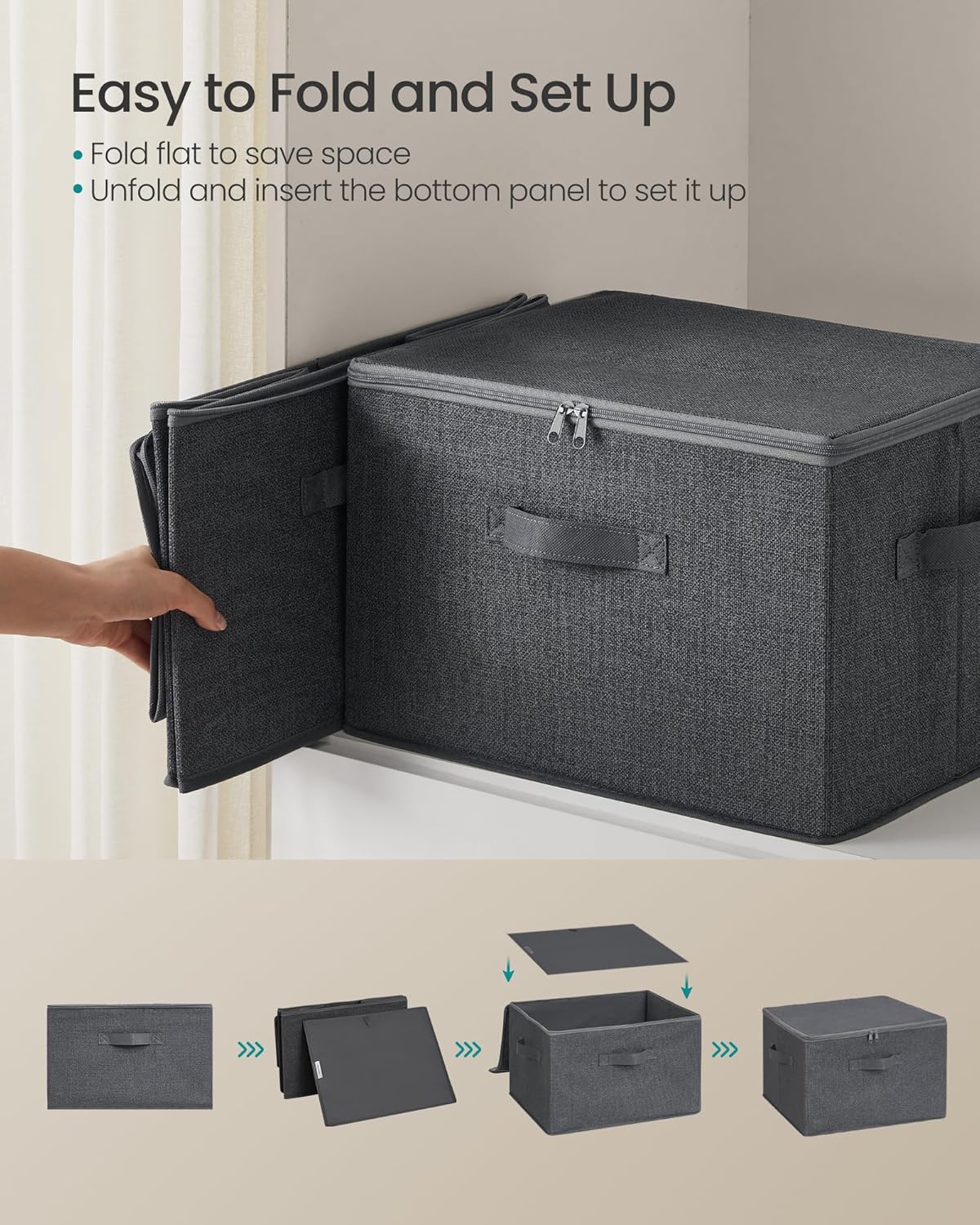 SONGMICS Foldable Storage Organizer Boxes - Set of 3 Bins with Lids & Handles | Slate Gray, 15.7 x 11.8 x 9.8 Inches