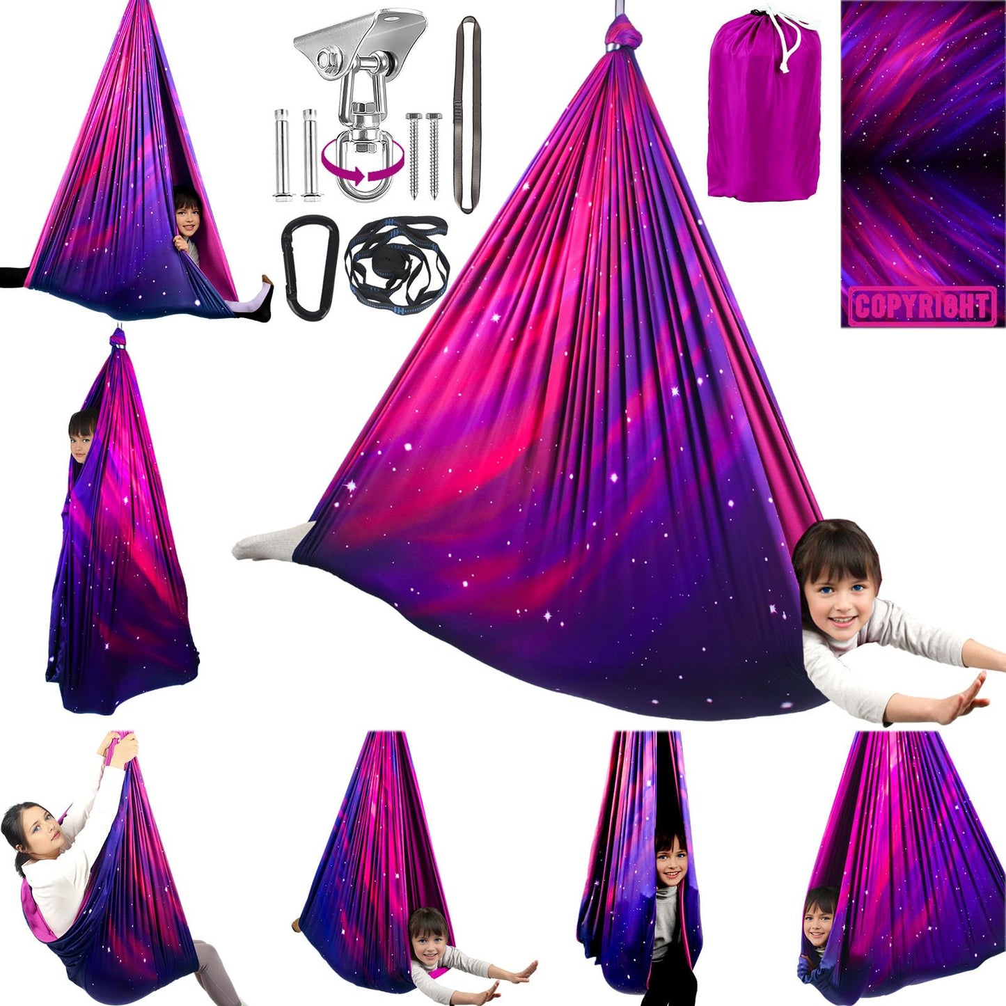 HiCamer Double Layer Sensory Swing for Kids & Adults Holds up to 300lbs Indoor and Outdoor Therapy Cuddle Swing with 360° Swivel Hanger Kit Adjustable with Aspergers Autism ADHD (Galaxy Purple)