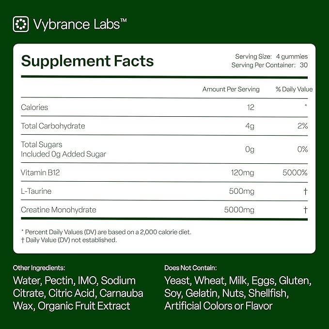 Creatine Gummies 5g – Sugar-Free Creatine Monohydrate + Taurine & B12 | Vegan, Gluten-Free | Green Apple Flavor | 120 Gummies for Strength, Energy & Focus for Women & Men
