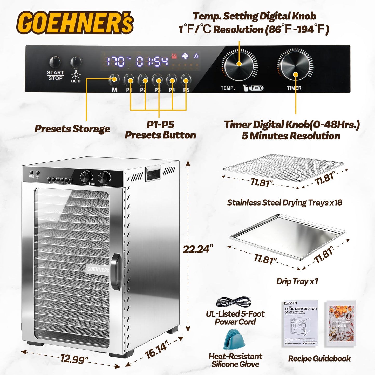 Commercial Food Dehydrator 18 Trays, 1100W Large Capacity 18ft² Food Dryer Machine for Jerky, Meat, Fruit, Herbs, Full Stainless Steel Industrial Dehydrators with 5 Presets, 48H Timer, Max 194°F Temp