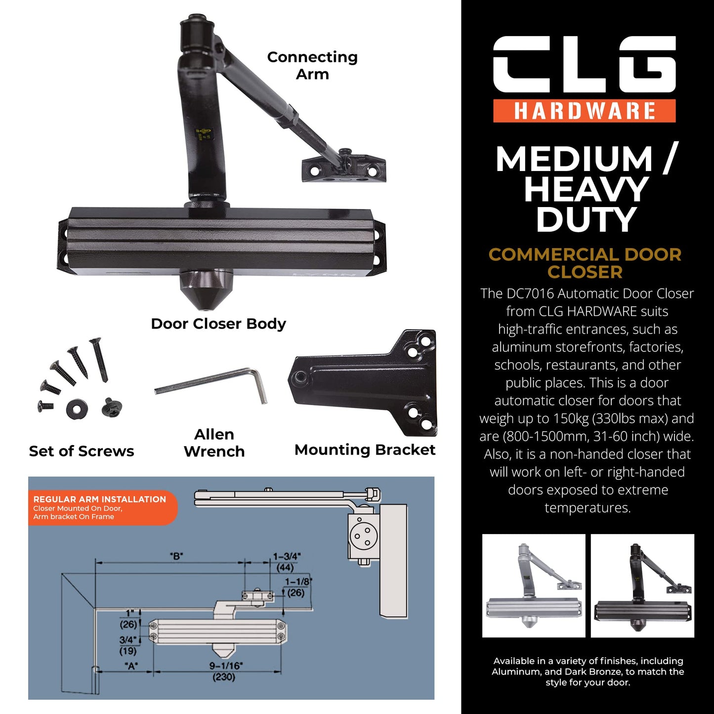 CLG HARDWARE Medium/Heavy Duty Commercial Door Closer DC7016 - Surface Mounted, Grade 1- ADA & UL 3 Hour Fire Rated, Adjustable Size 1-6 for Entrances & Aluminum Storefronts - US10B Dark Bronze