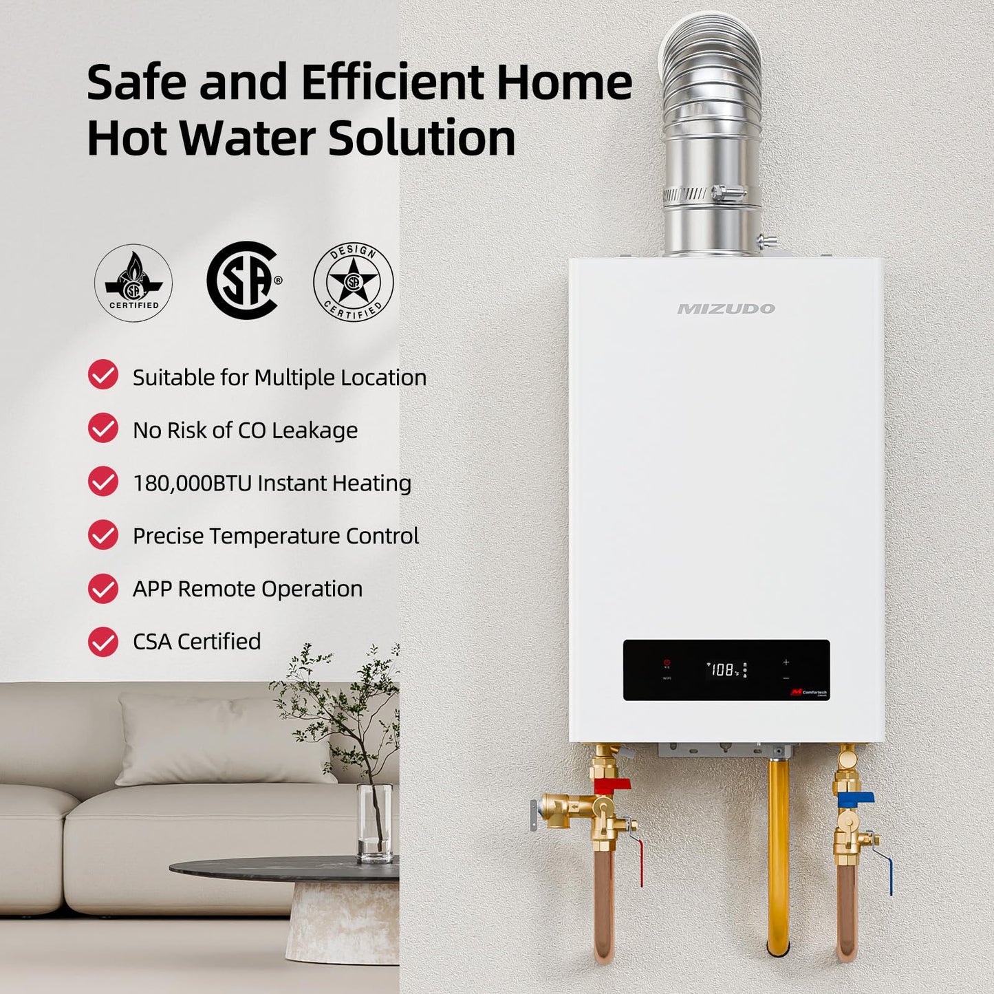 MIZUDO 180k Tankless Water Heater Propane Indoor Installation, Max 7.9 GPM, 180,000 BTU, WiFi&APP Control CSA Certified Non Condensing High Efficiency for Large Families Residential Whole House