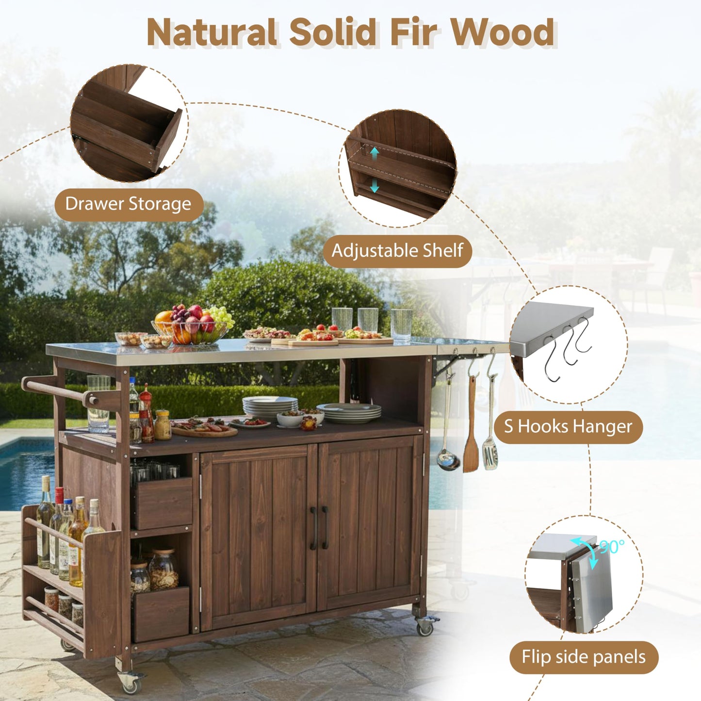 MEETFAV 54" Grill Cart with Stainless Steel Top, Spice Rack, Towel Rack, Lockable Wheels, Multi-Functional Outdoor Kitchen Island with Storage for BBQ, Patio & Kitchen, Brown