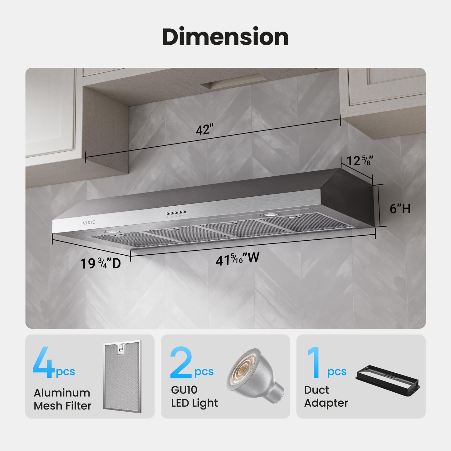 VIKIO HOME Under Cabinet Range Hood 42 Inch, 1200 CFM Dual-Motor Kitchen Vent with LED Lights, Button Control, Ducted Vent Hood, Reusable 5-Layer Aluminum Filters, Stainless Steel