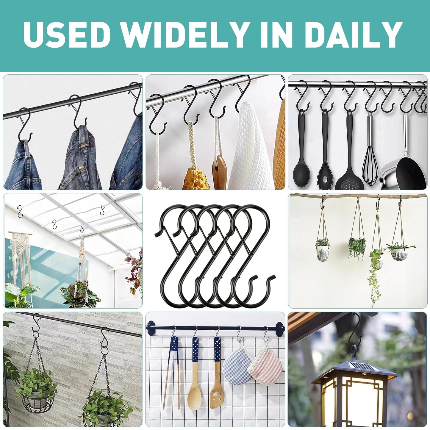 12 Pcs S Hooks for Hanging Heavy Duty, 3.5-inch Heavy Duty Metal S Hook with Safety Buckle, Suitable for 0.5 inch Rods, S Hook for Hanging Plants, Closet, Kitchen Utensil, Pot, Pan, Bags