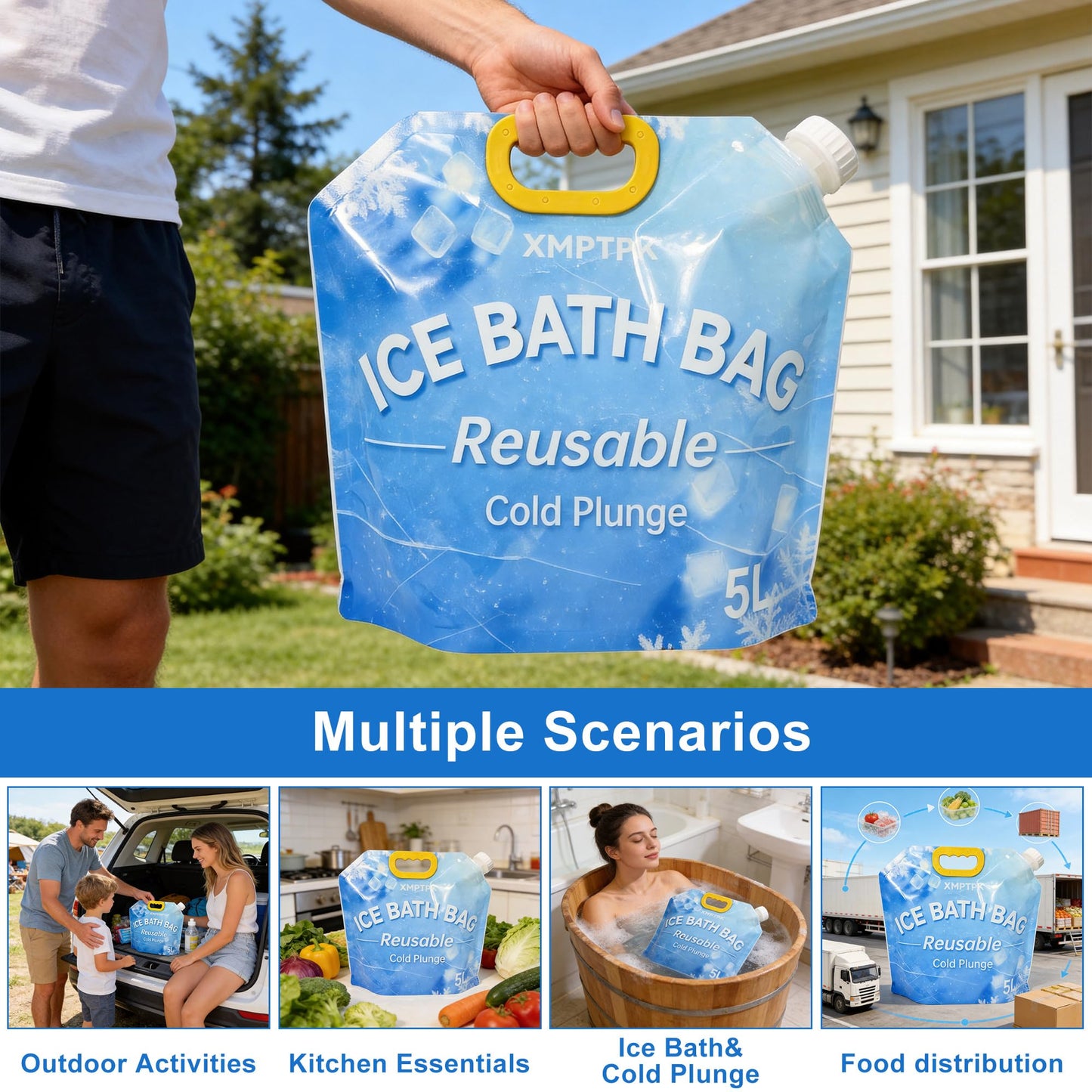 XMPTPK 4 Pack Ice Bath Bags, Reusable Cold Plunge Tub Accessories, Portable Bathtub Freezer Water Bags with Handle for Home Outdoor Bathtub Bucket(5L)