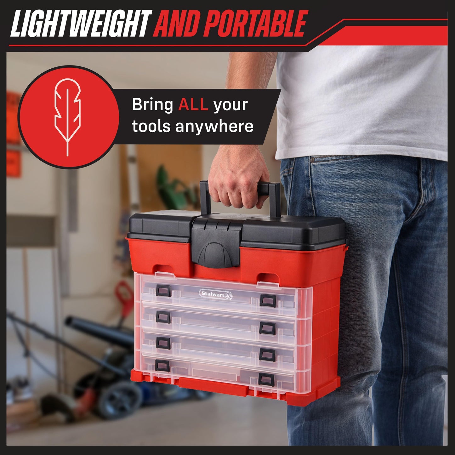 Small Parts Organizer Box - 11-Inch Portable Storage Case with 4 Removable Multi-Compartment Trays for Screws, Beads, Small Fishing Tackle, Hardware, and Craft Supplies by Stalwart (Red)