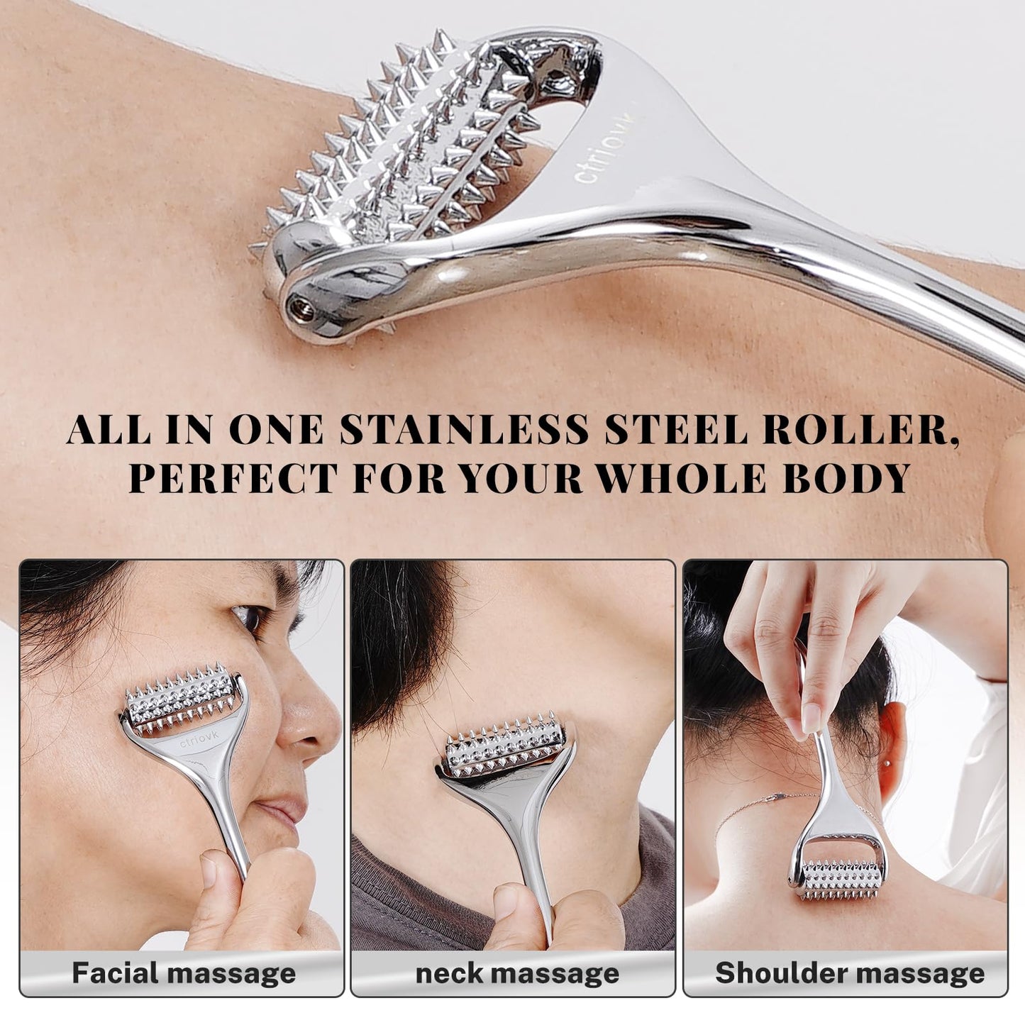 ctriovk Acupuncture Massage Roller, Stainless Steel, Portable Manual Roller for Whole Body Pain Relief, Puffiness Reduce and Muscle Relaxation Massage