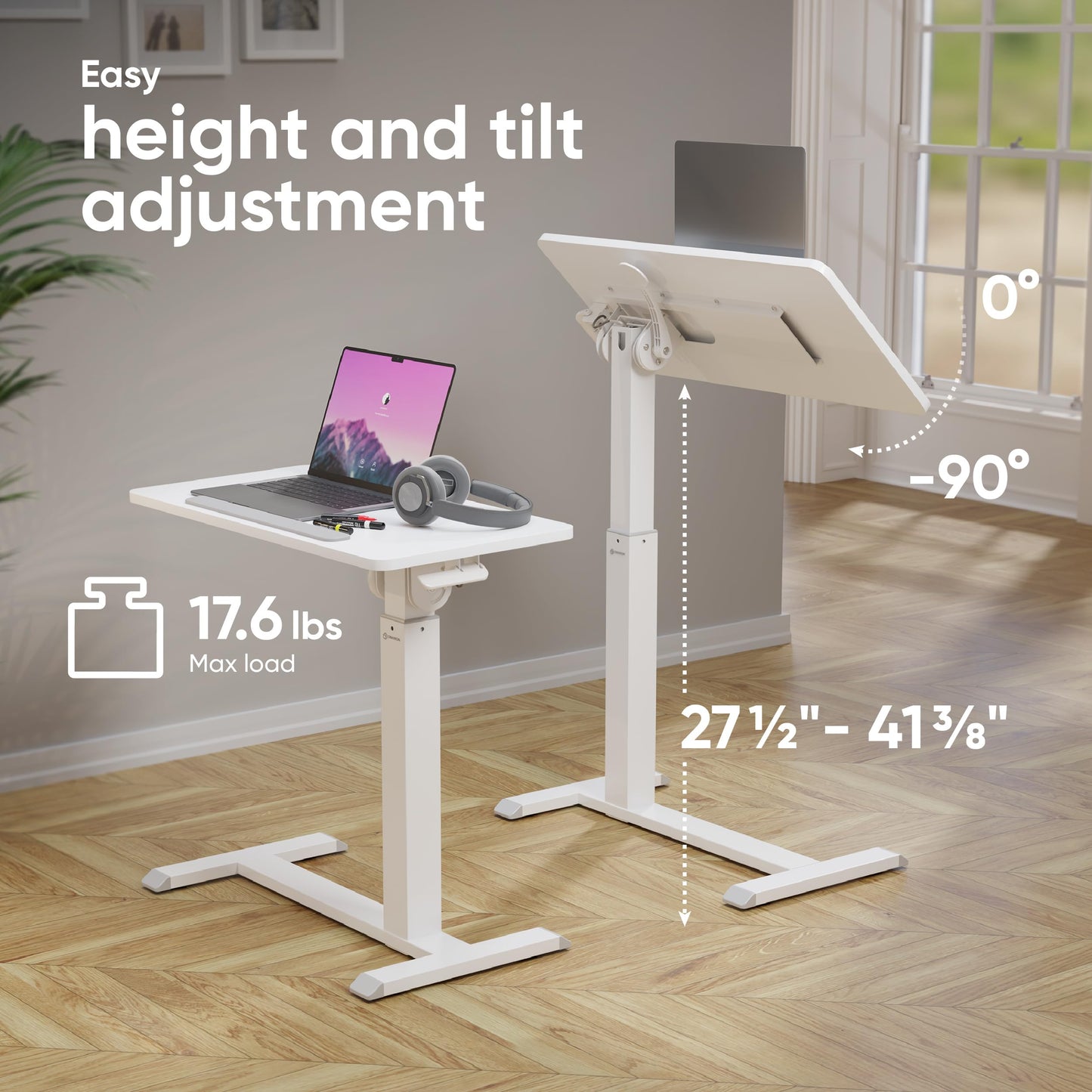 ONKRON Laptop Cart on Wheels, max Load 17.6 lbs, Small Rolling Table with Hidden Wheels, Mobile Standing Desk Adjustable Height, 90° Tilting Portable Workstation, Overbed Bedside Desk White