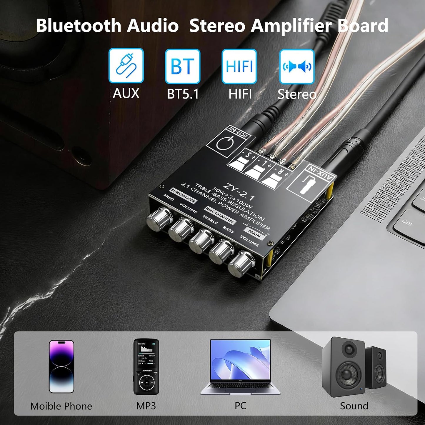 Sigllr 5.1 Board,200W 2.1 Bluetooth Audio Amplifier HiFi Channel Mini Subwoofer Power Amp Module with Treble & Bass