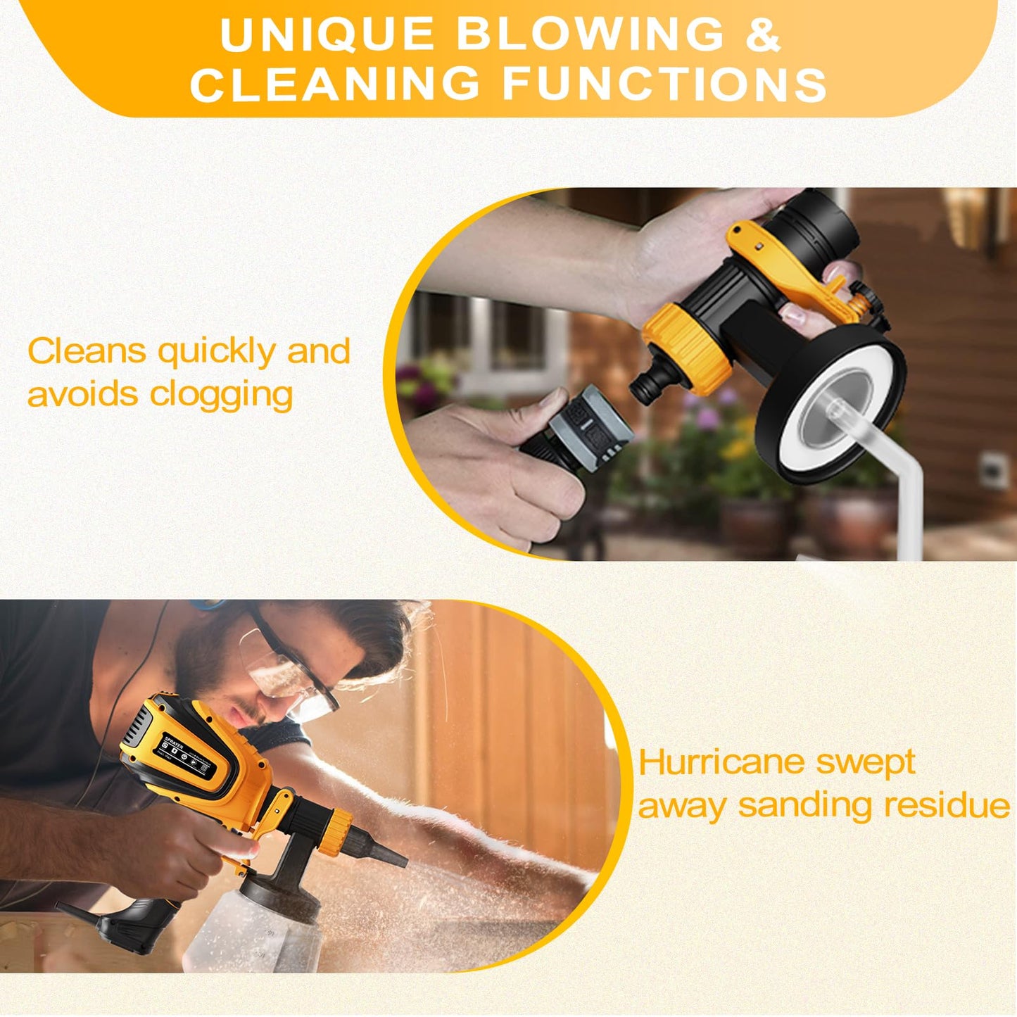 VONFORN Paint Sprayer, 700W HVLP Spray Gun with Cleaning & Blowing Joints, 4 Nozzles and 3 Patterns, Easy to Clean, for Furniture, Cabinets, Fence, Walls, Door, Garden Chairs etc. VF803 Yellow