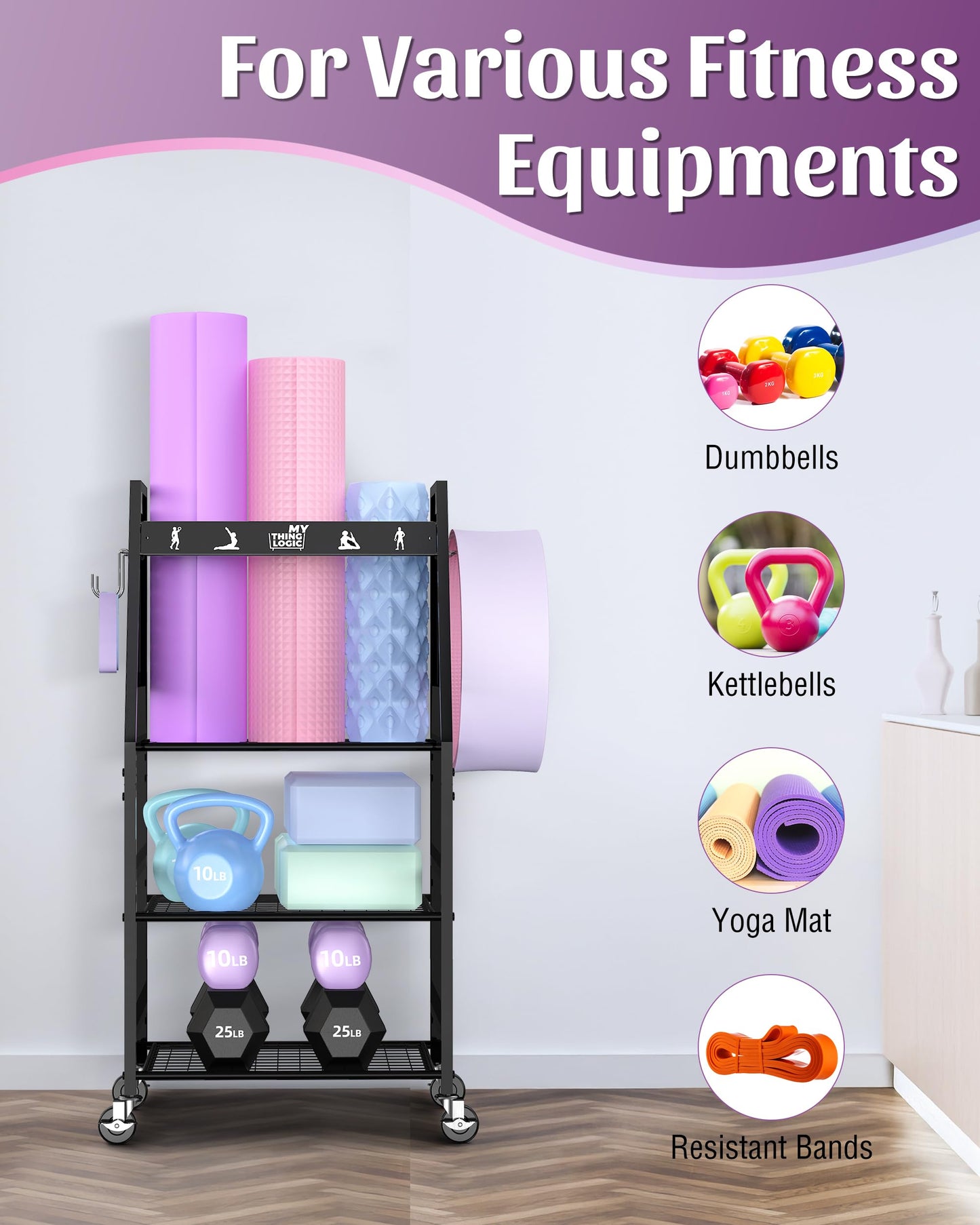 Mythinglogic Yoga Mat Storage Racks,Home Gym Storage Rack for Dumbbells Kettlebells Foam Roller, Yoga Strap and Resistance Bands, Workout Equipment Storage Organizer With Hooks and Wheels (New Black)