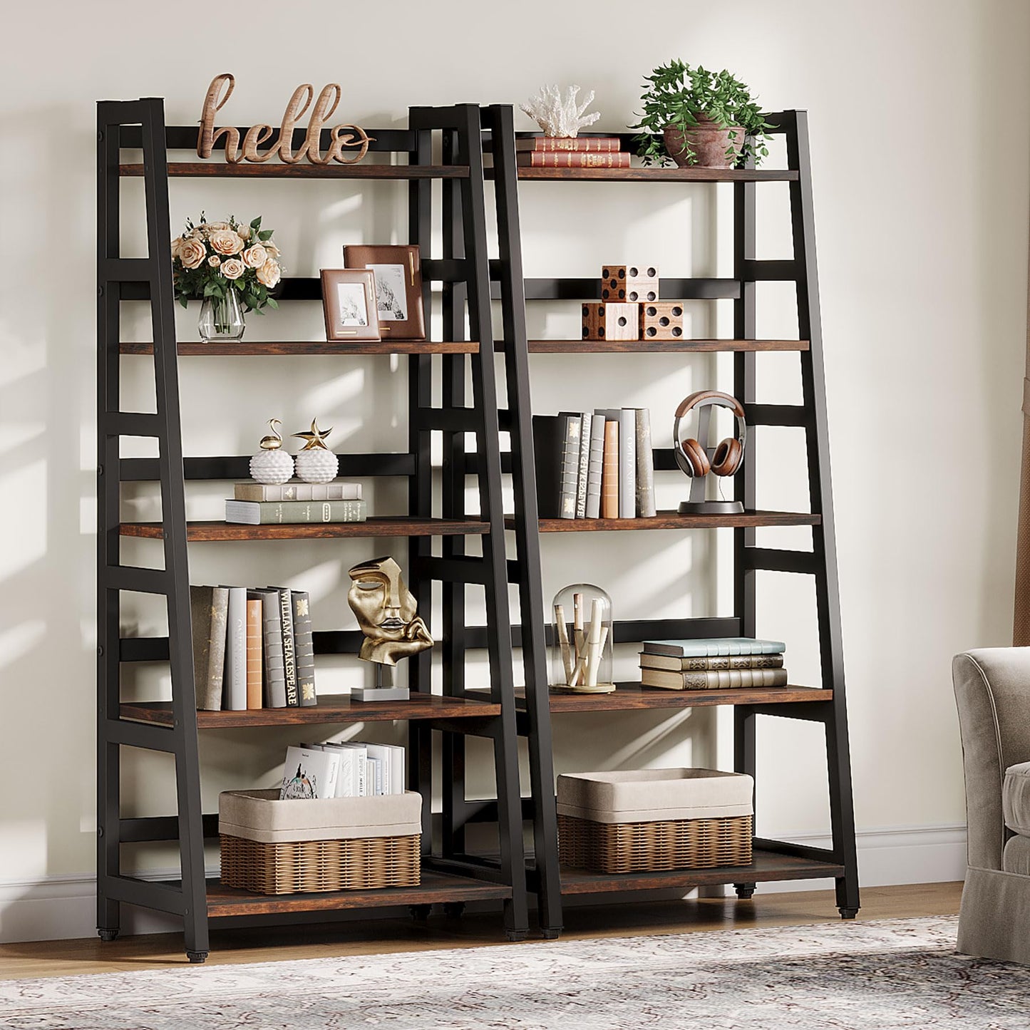 Tribesigns 5-Tier Bookshelf Industrial Bookcase, 5 Shelf Ladder Shelf Book Storage Shelf Organizer for Living Room, Home Office