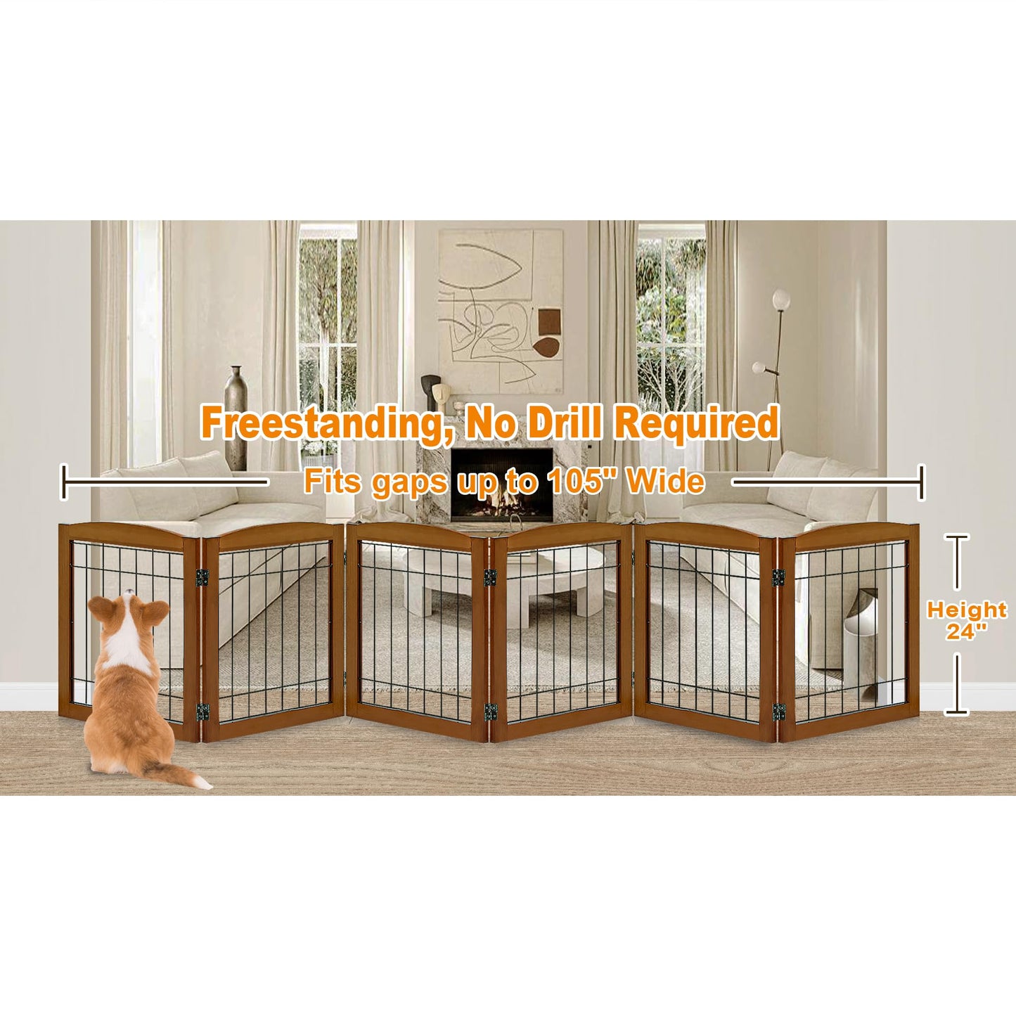 LZRS 6-Panel Extra Wide Wooden Freestanding Dog Gate: Foldable Solid Wood and Steel Wire Chew Resistant Safety Barrier for Doorways, Stairs, and Open Long Spaces Indoor Use, Cherry