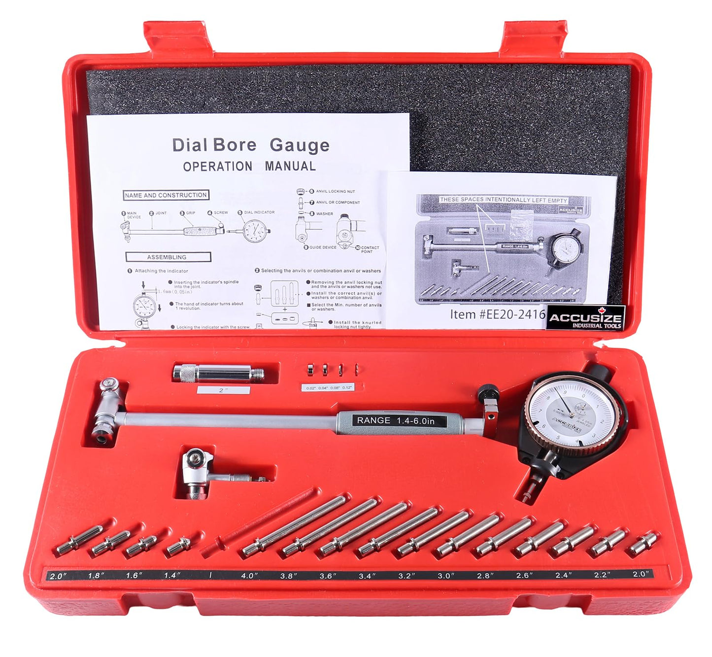 Accusize Industrial Tools Dial Bore Gauge Set, 1.4-6 inch Measuring Range, 0.0001'' Graduation Interval, EE20-2416